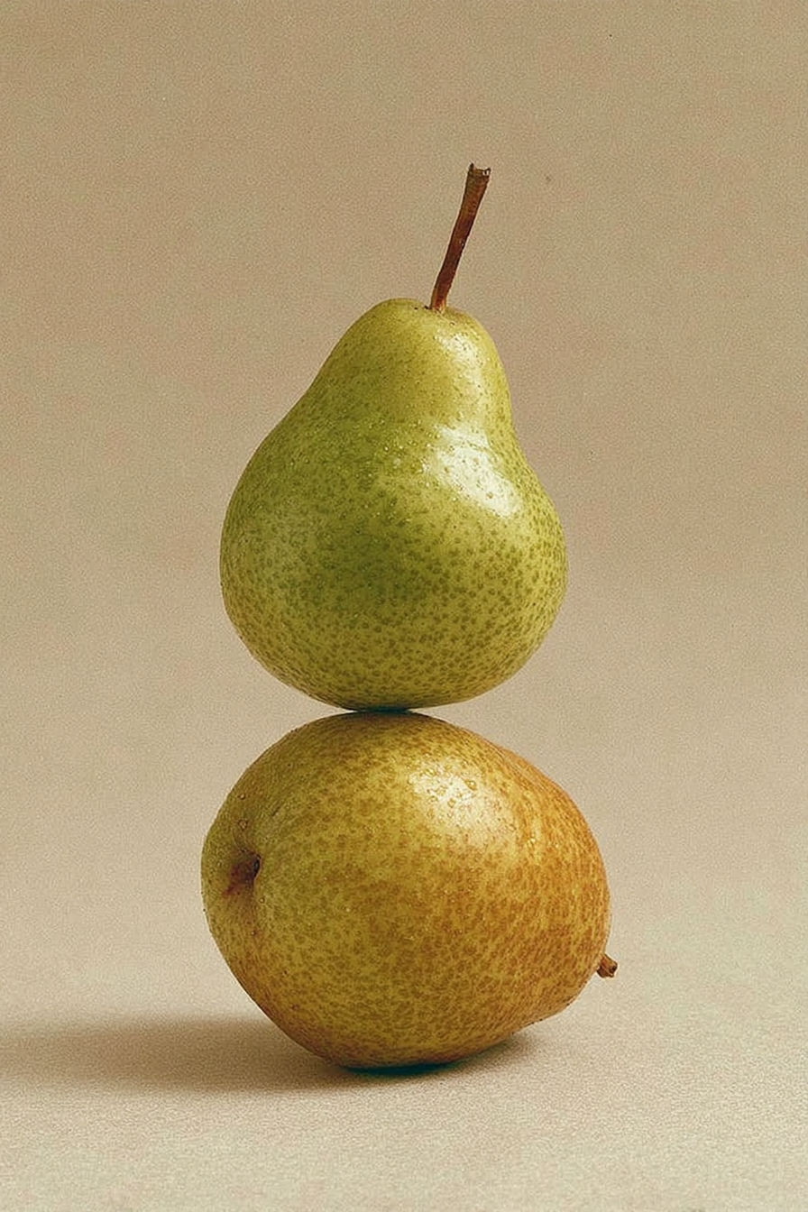 A pear balanced on top of a apple against a neutral background.