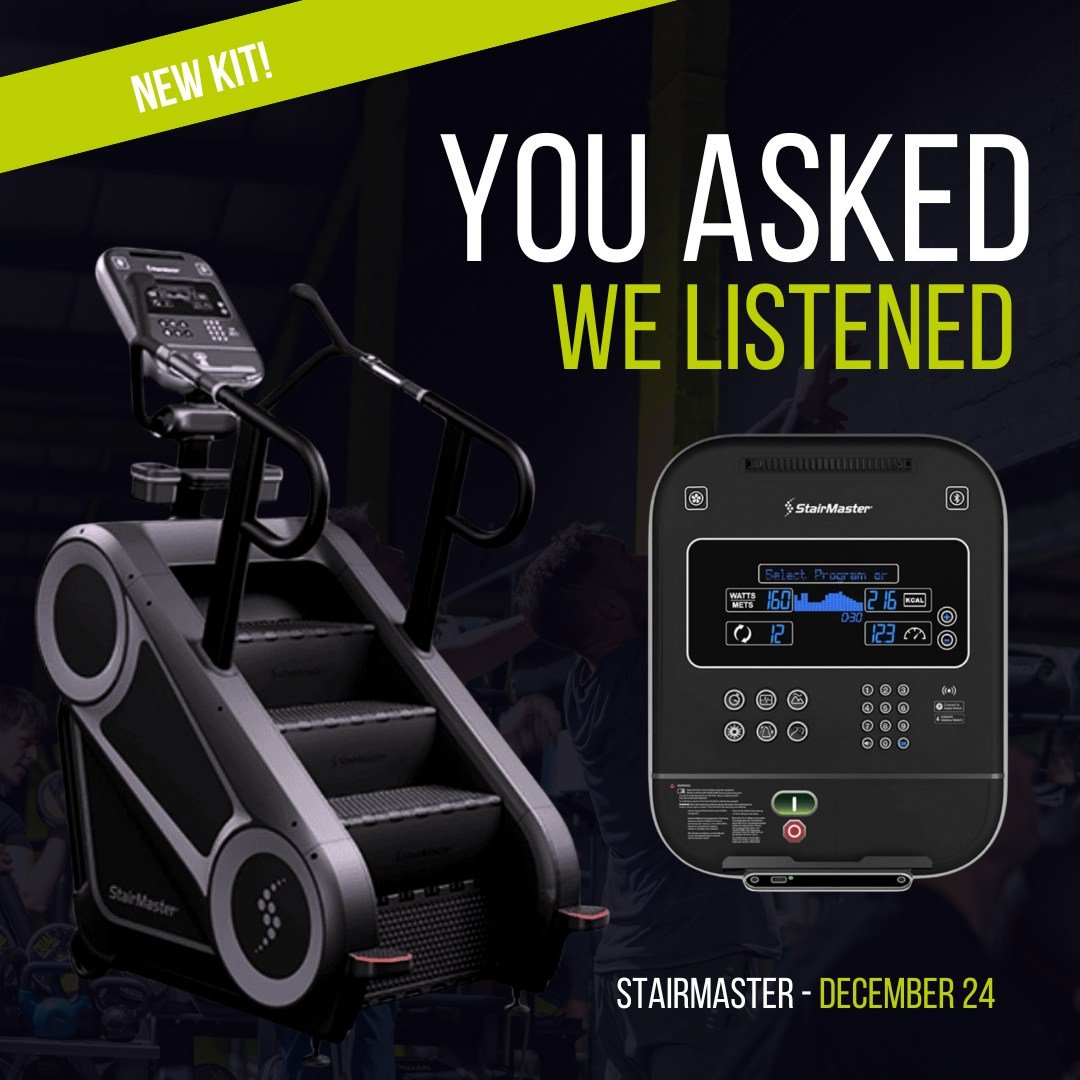 New Kit loading! 👇💚

We&rsquo;ve heard you loud and clear &ndash; and we&rsquo;re thrilled to announce that in around 4 weeks time we&rsquo;ll be welcoming a brand-new StairMaster to the gym! 🎉

Whether you're looking to level up your cardio, work