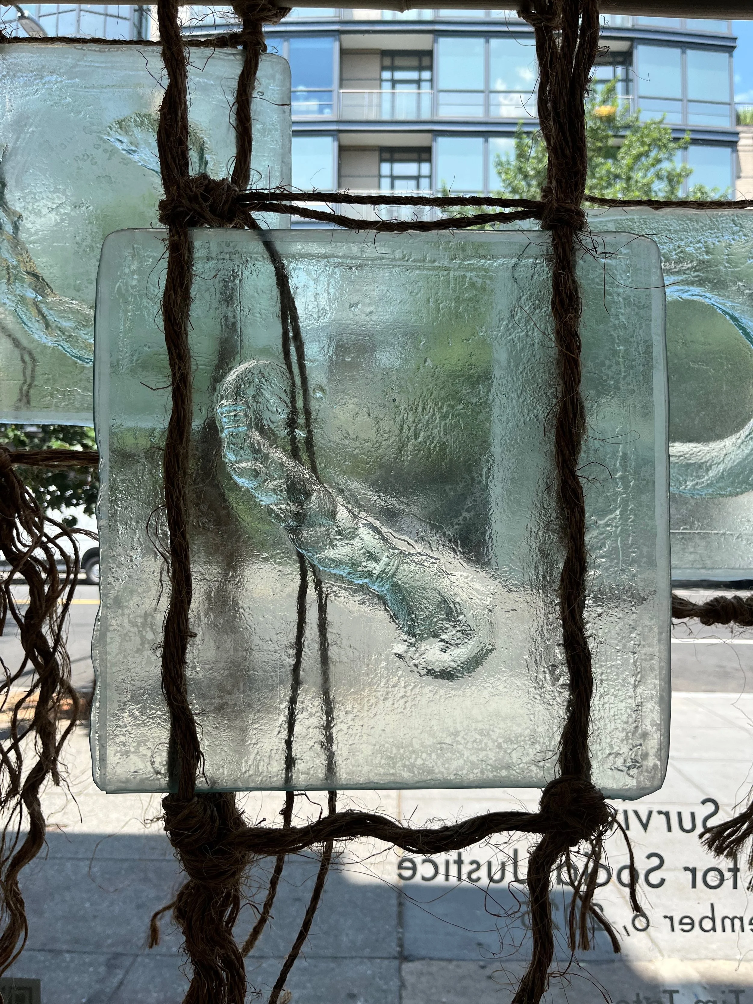 Salvaged (detail), 2025, Glass, bamboo, “Manila” hemp, ship cleats, washed muslin, ritual rice