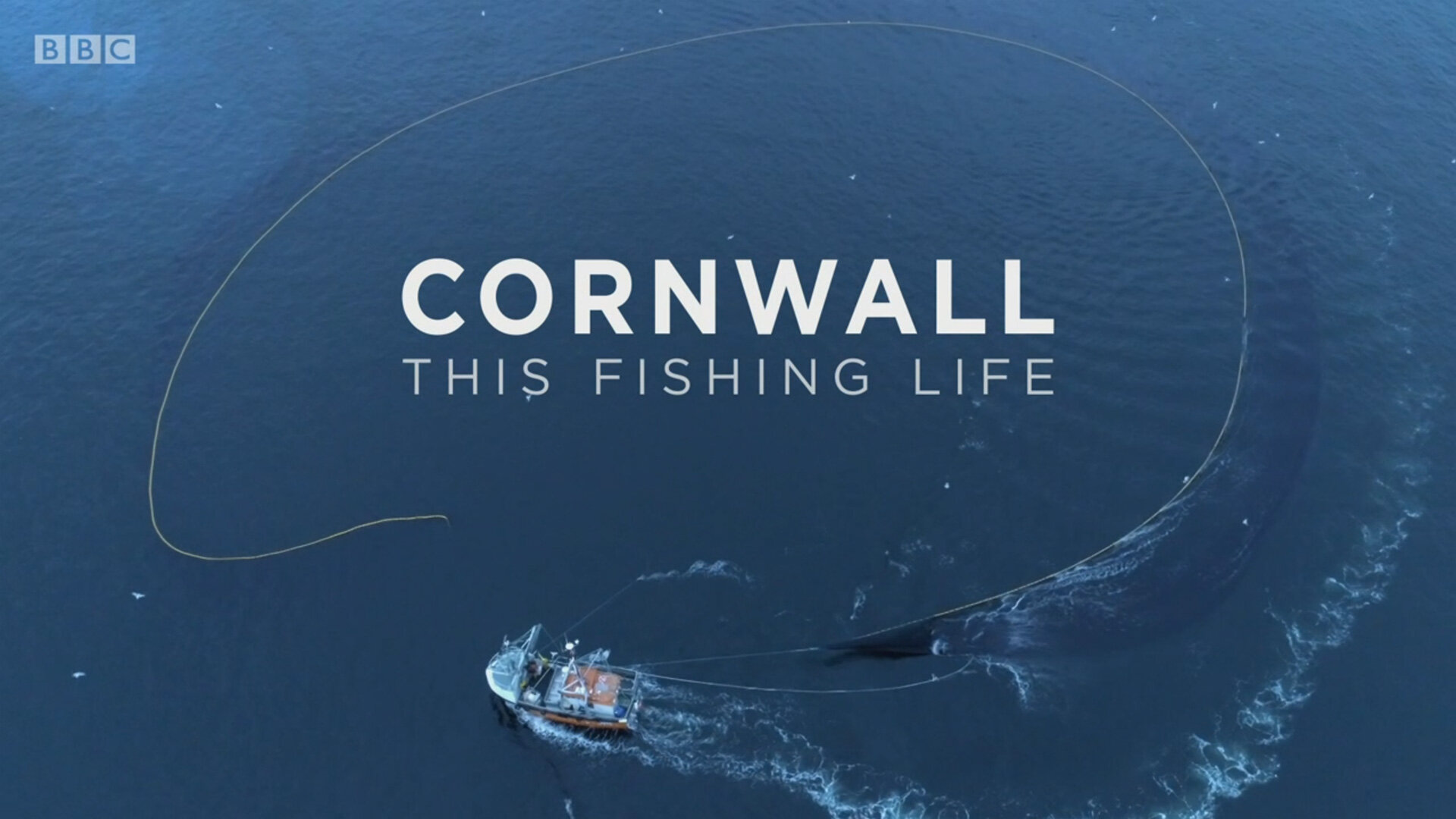 Drone aerial of a fishing boat at sea, title sequence for Cornwall: This Fishing Life on BBC Two