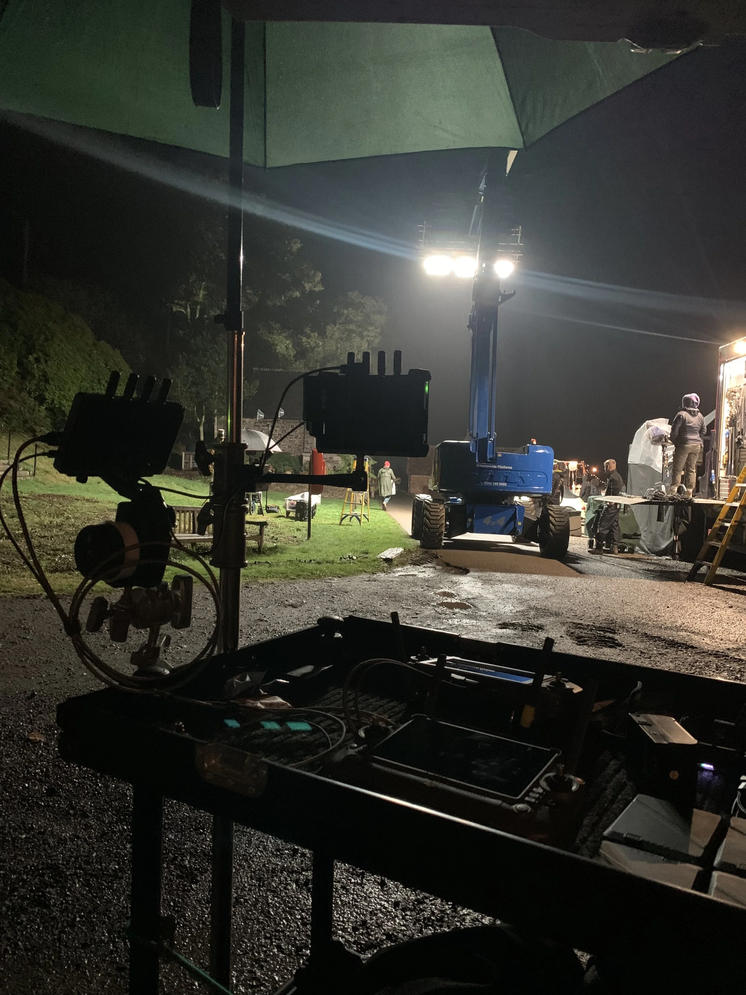 Drone pilot ground station set up for a night shoot on a TV drama location