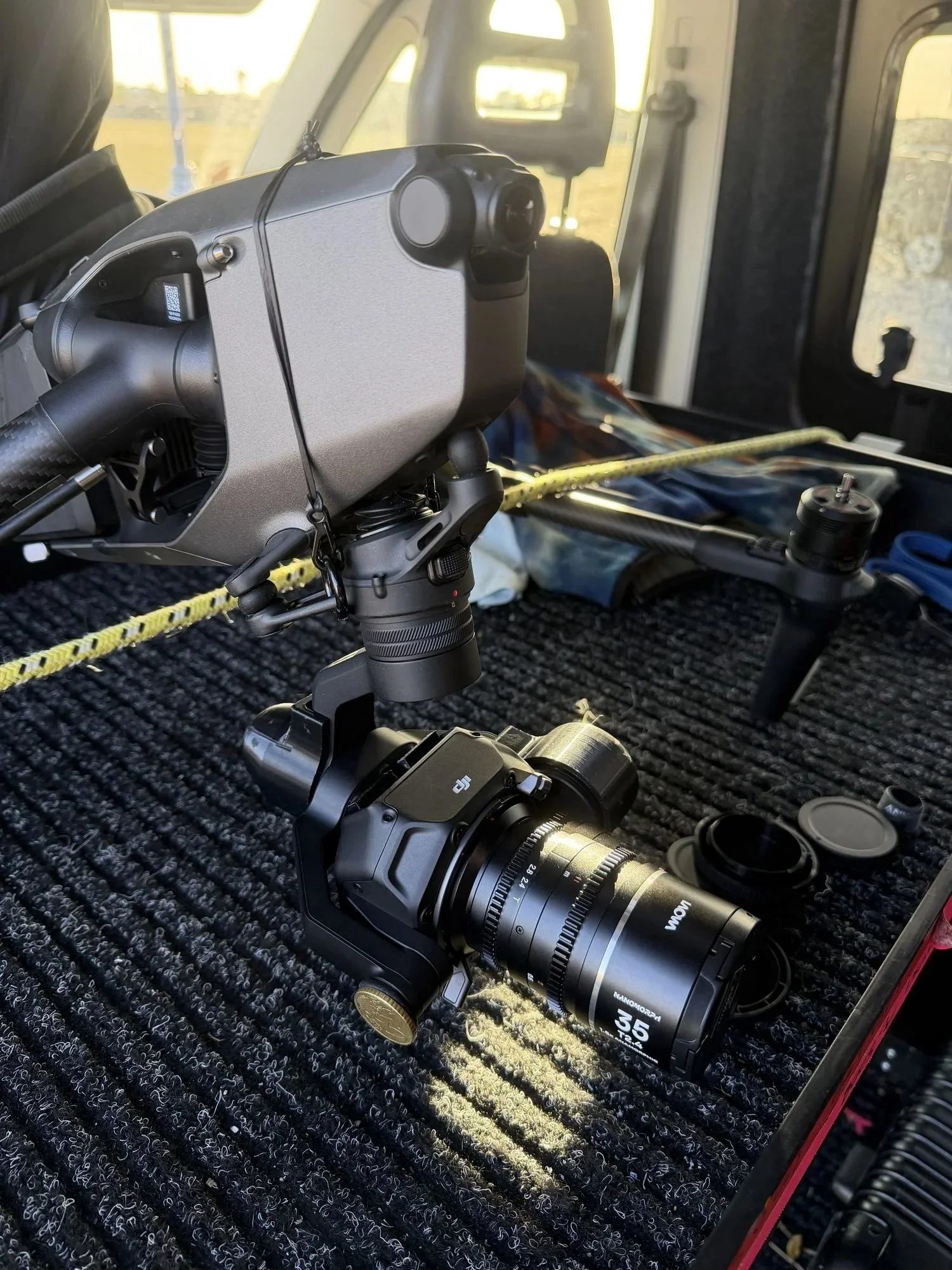 Zenmuse X9-8K camera with a 35mm lens on the DJI Inspire 3, prepped in the crew van