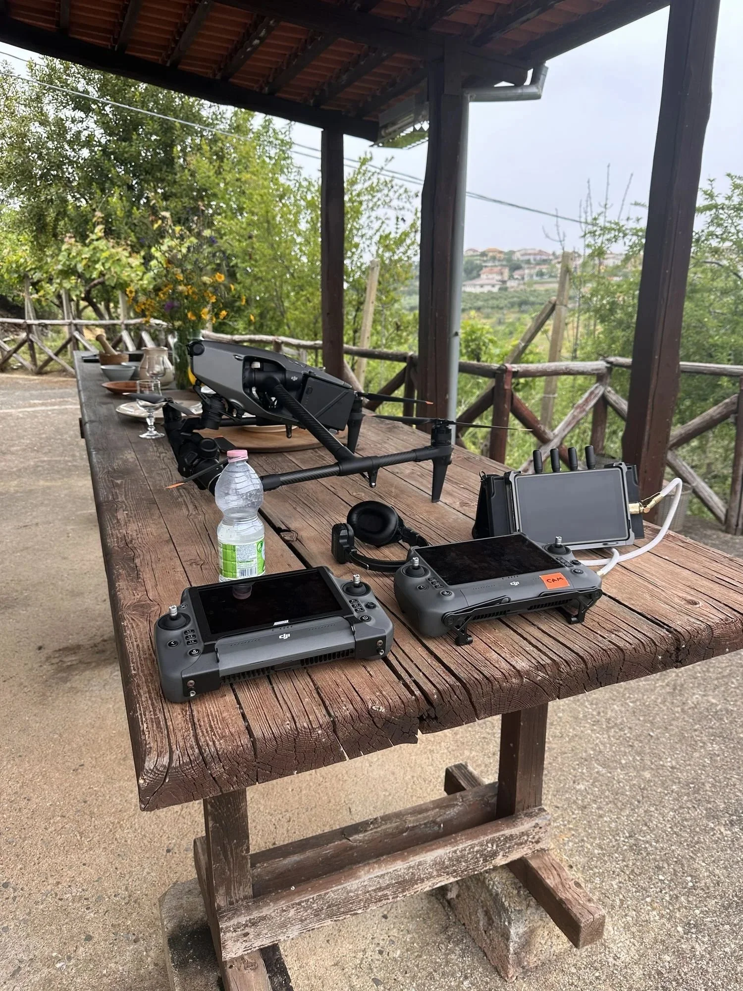 DJI Inspire 3 kit, RC Plus controllers and monitor set up on location