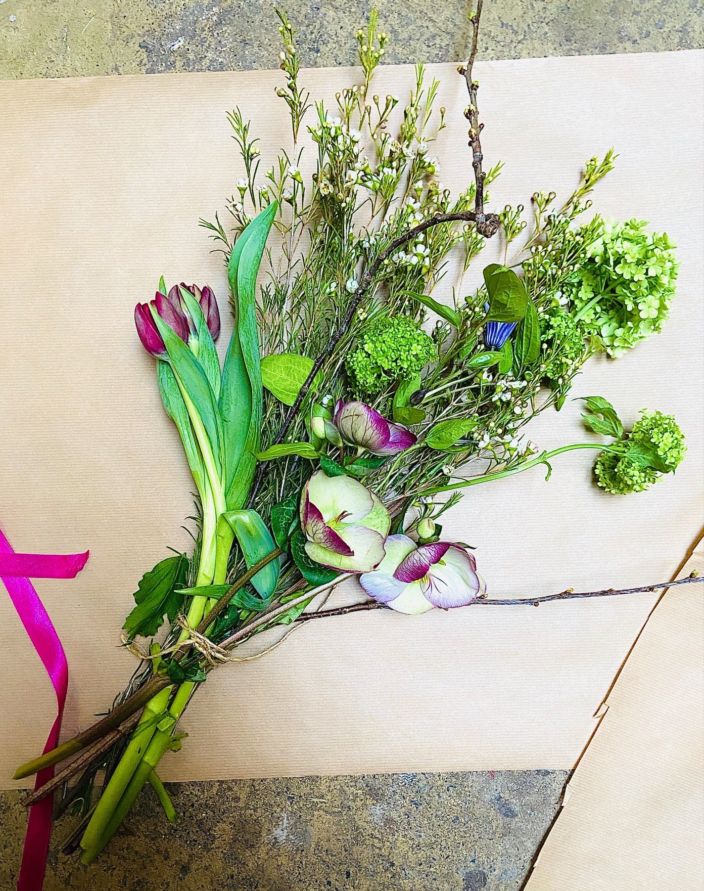 Hand-tied posy: £15 - Featuring wax flower, tulip, viburnum, hellebore, narcissus. Please note: some foliage ingredients may vary.