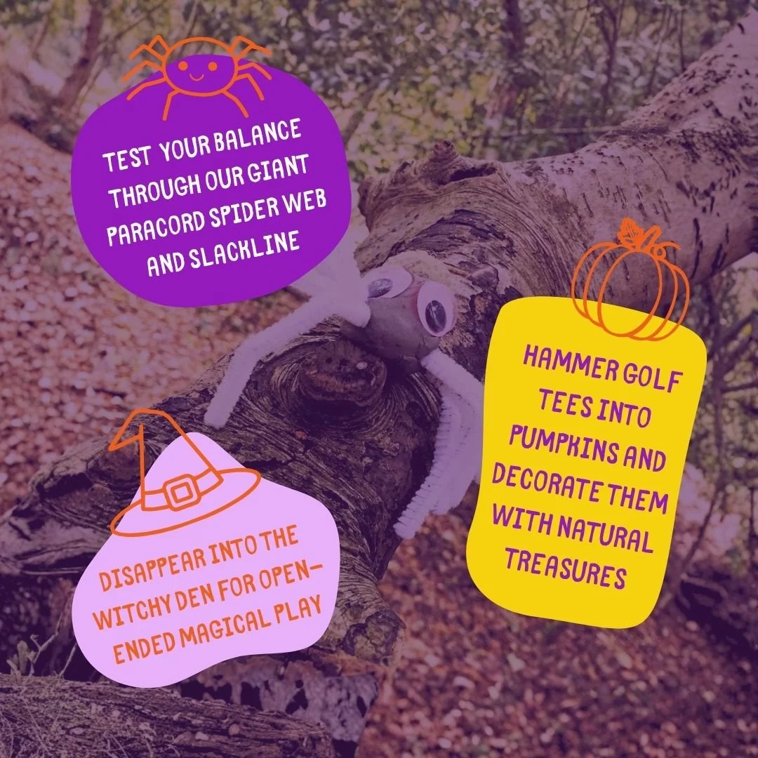 Samhain woodland activities for toddlers including a giant spider web, pumpkin decorating and Witchy Den play