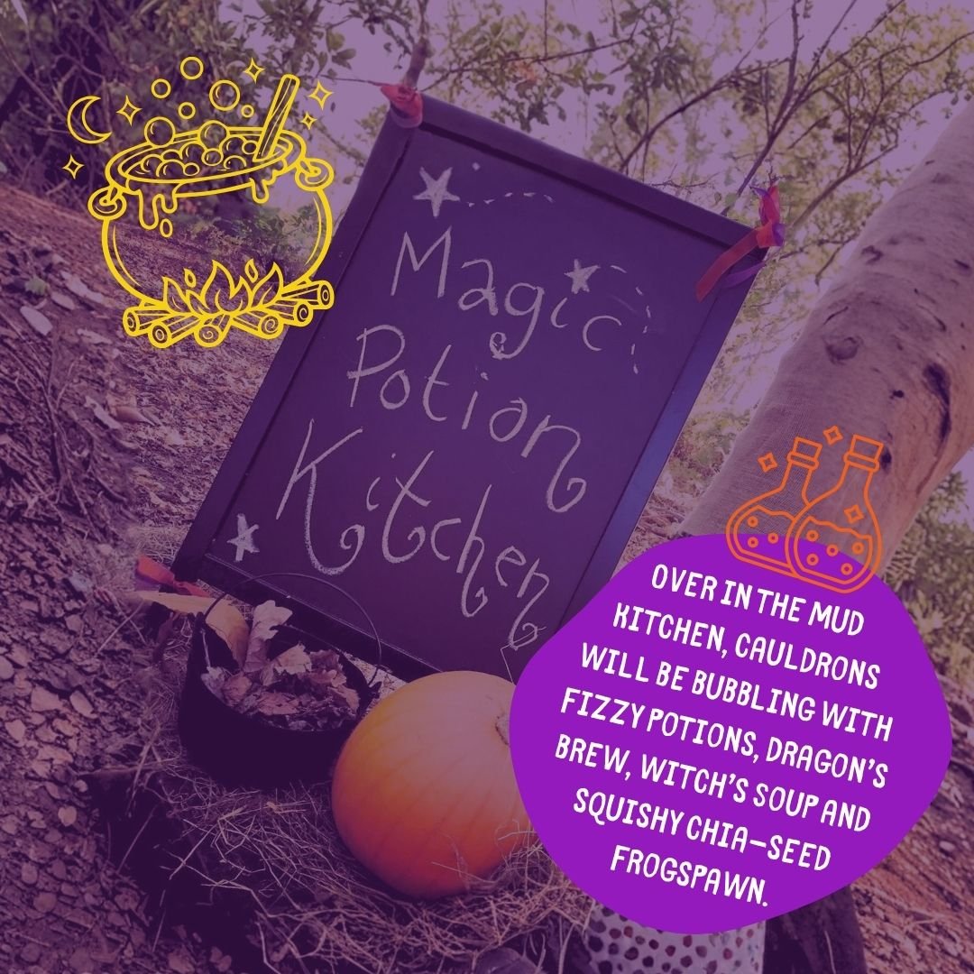Halloween mud kitchen and potion play for toddlers at a WildTots woodland session in Norfolk