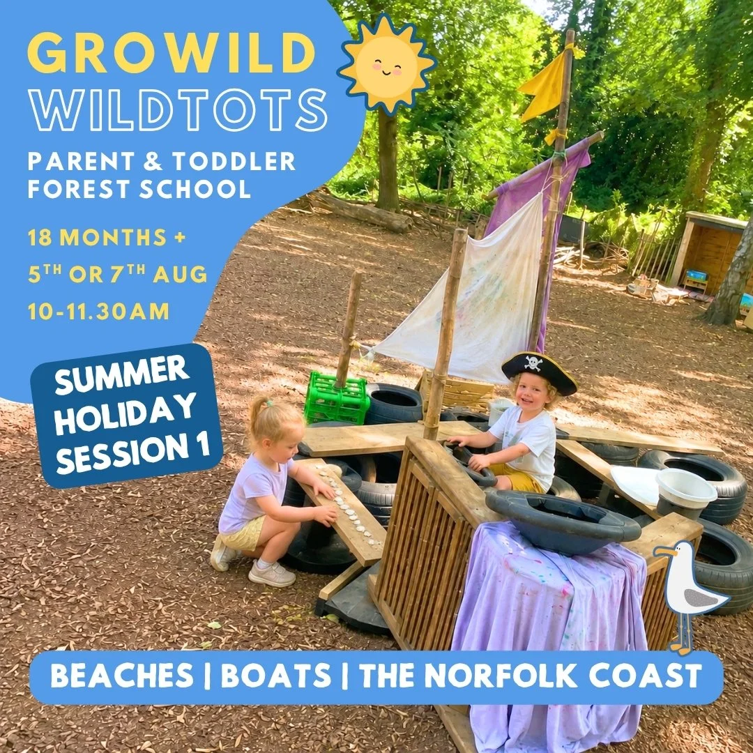 WildTots Beaches, Boats and the Norfolk Coast summer holiday forest school session for toddlers, showing children playing in a loose-parts pirate boat on 5 or 7 August.
