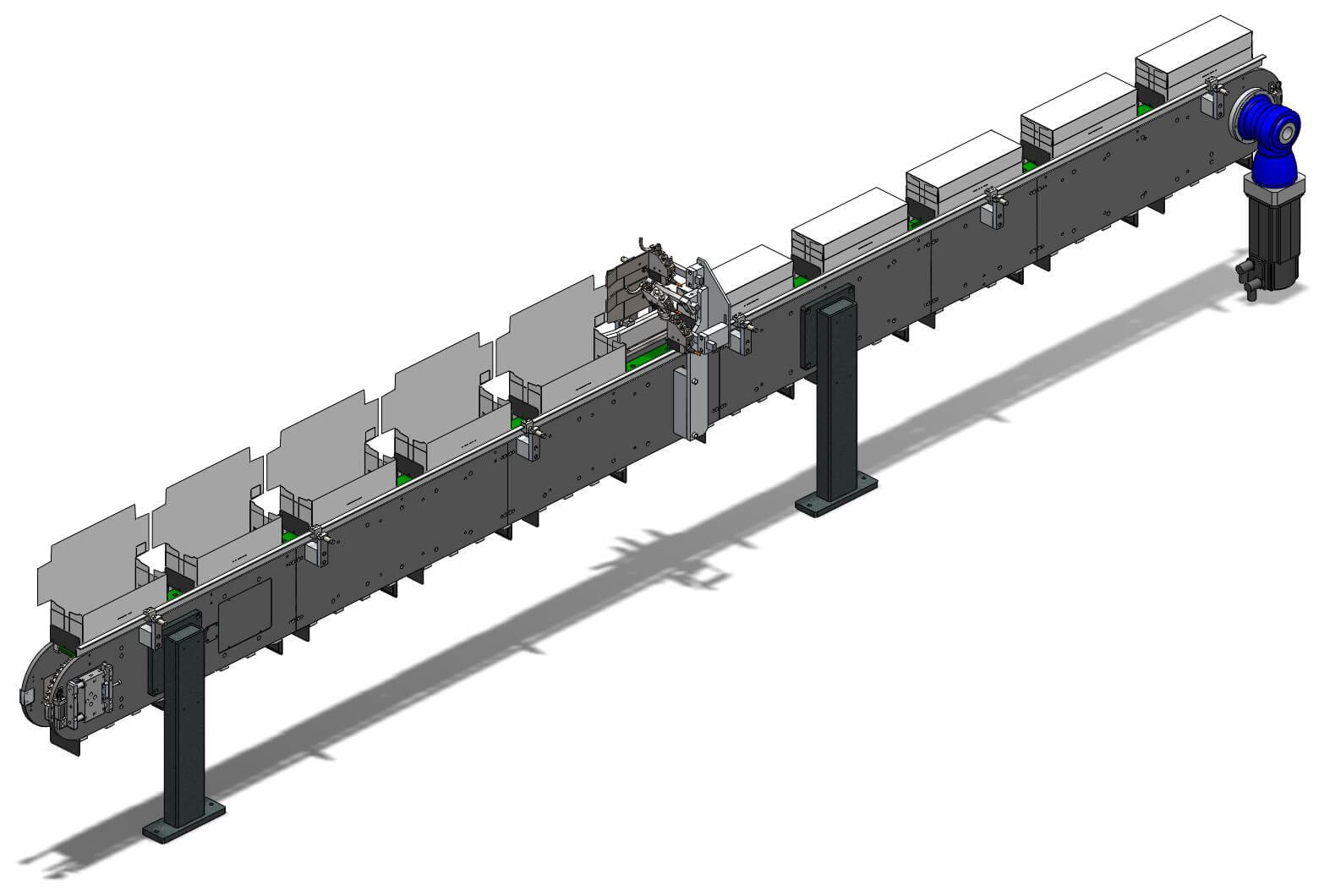 The industrial automated systems engineering VC 300 indexer showing a carton loaded and how it closes