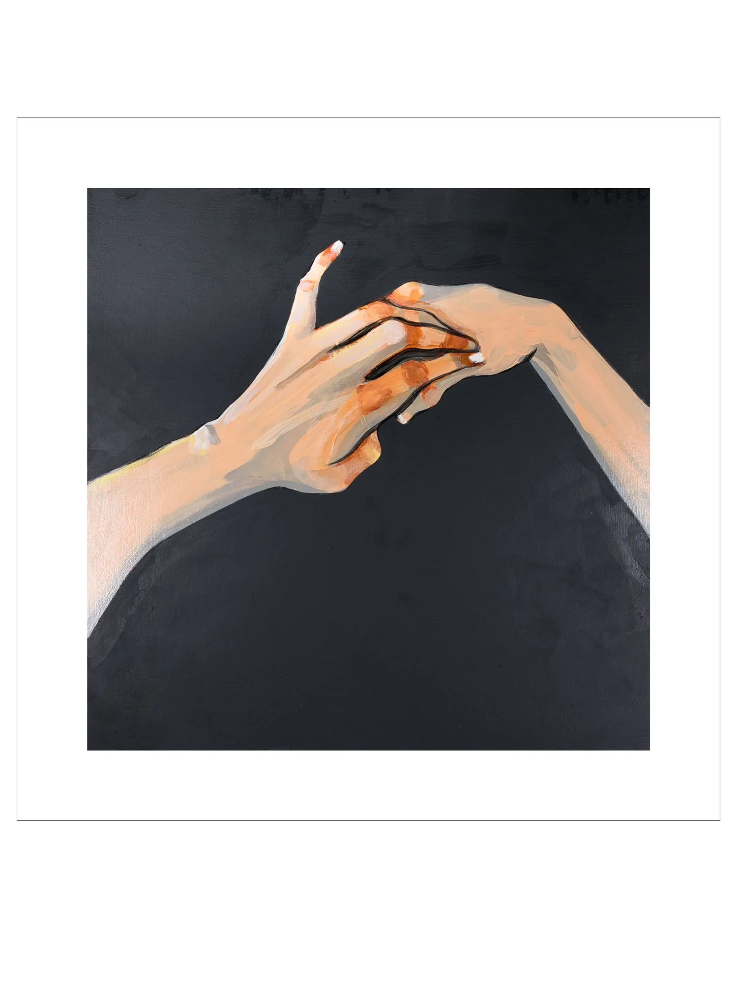 Print of hands, black background.