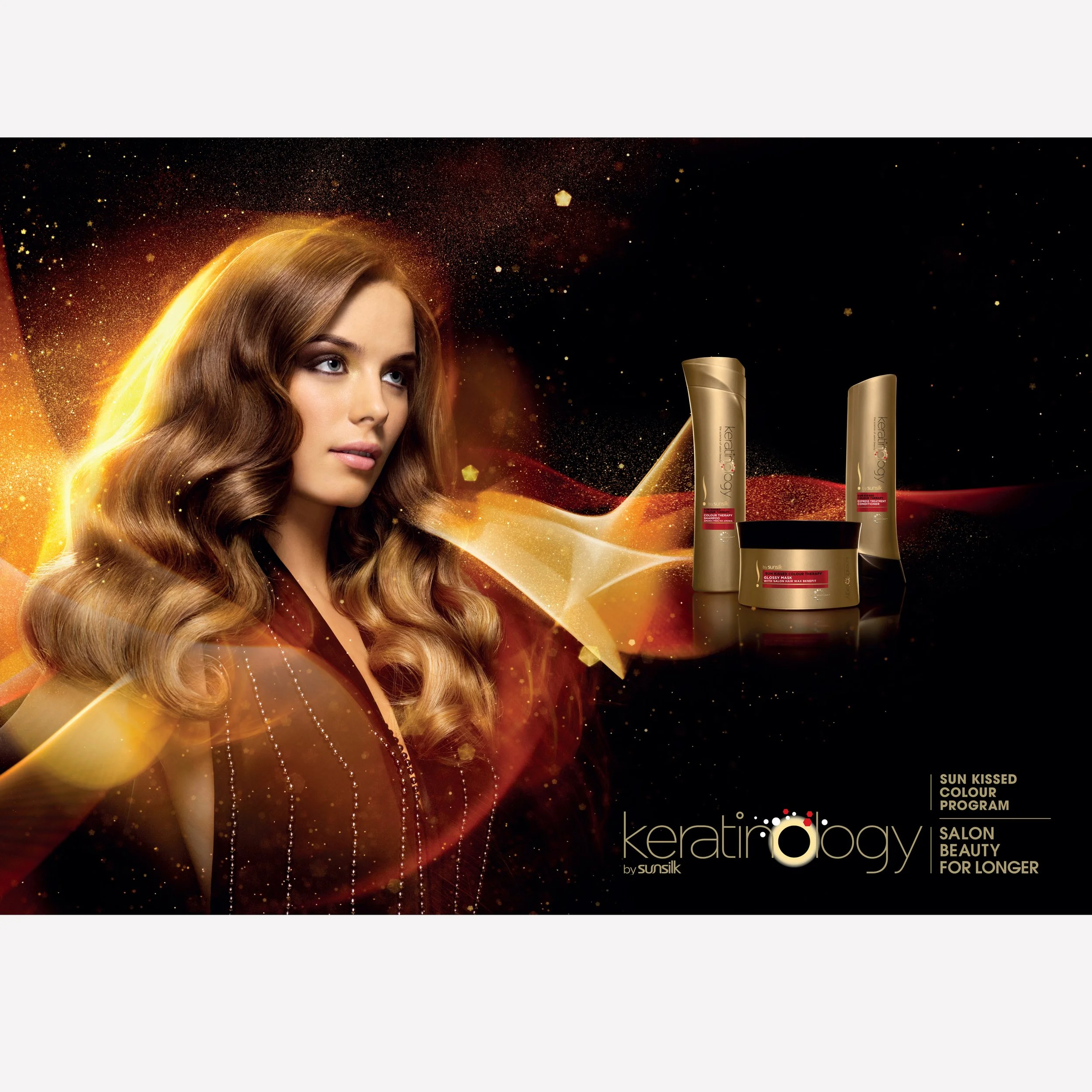 KERATINOLOGY SUN KISSED COLOUR PROGRAM Design and art direction of new luxury haircare brand. Including product, model and light effects photoshoot. All printed matter, website and identity guidelines. All the light effects are captured in-camera