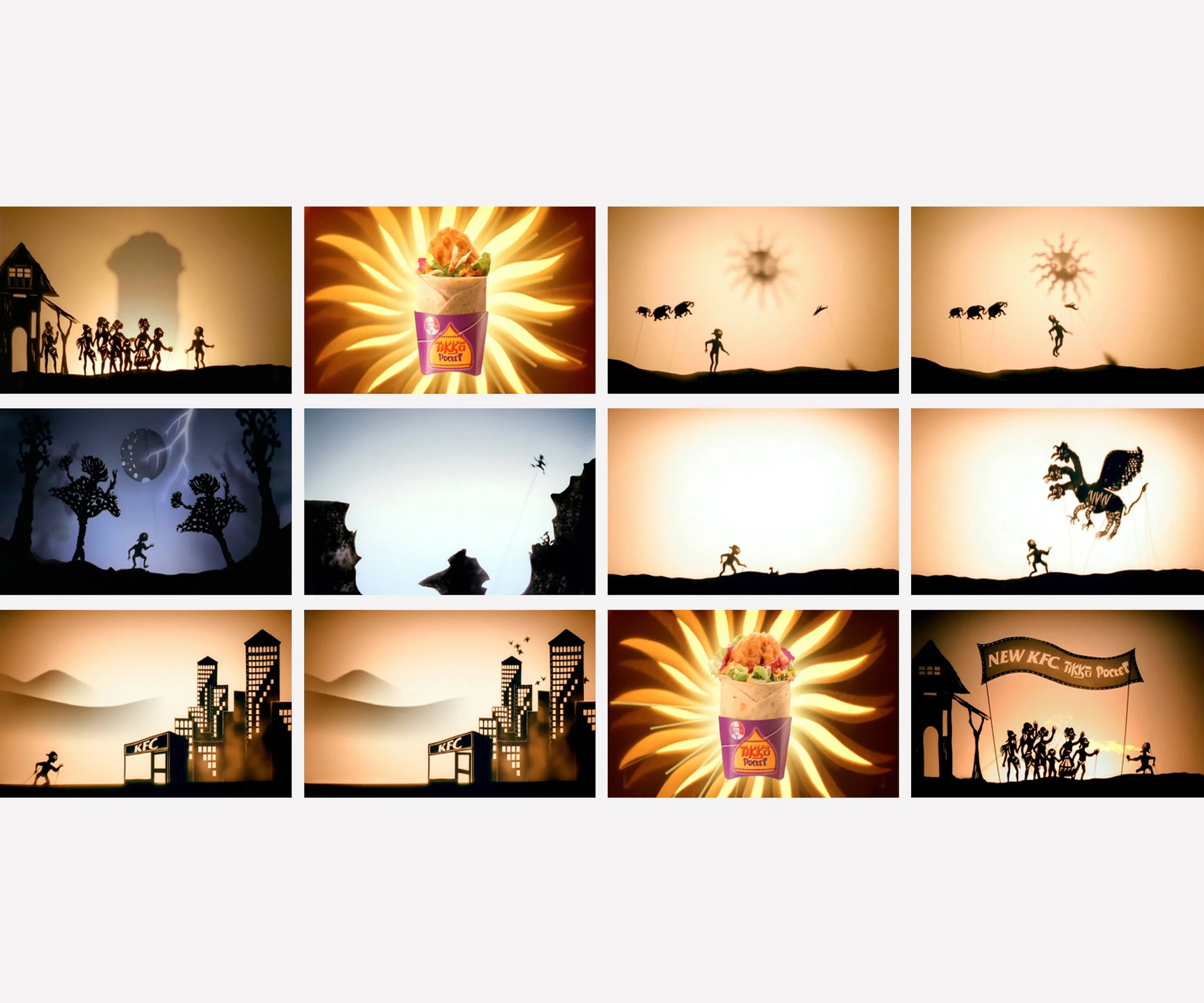 KFC TIKKA POCKET  Design and direction of 30 second television commercial using real shadow puppets all shot in real time.  Made with Ogilvy. 