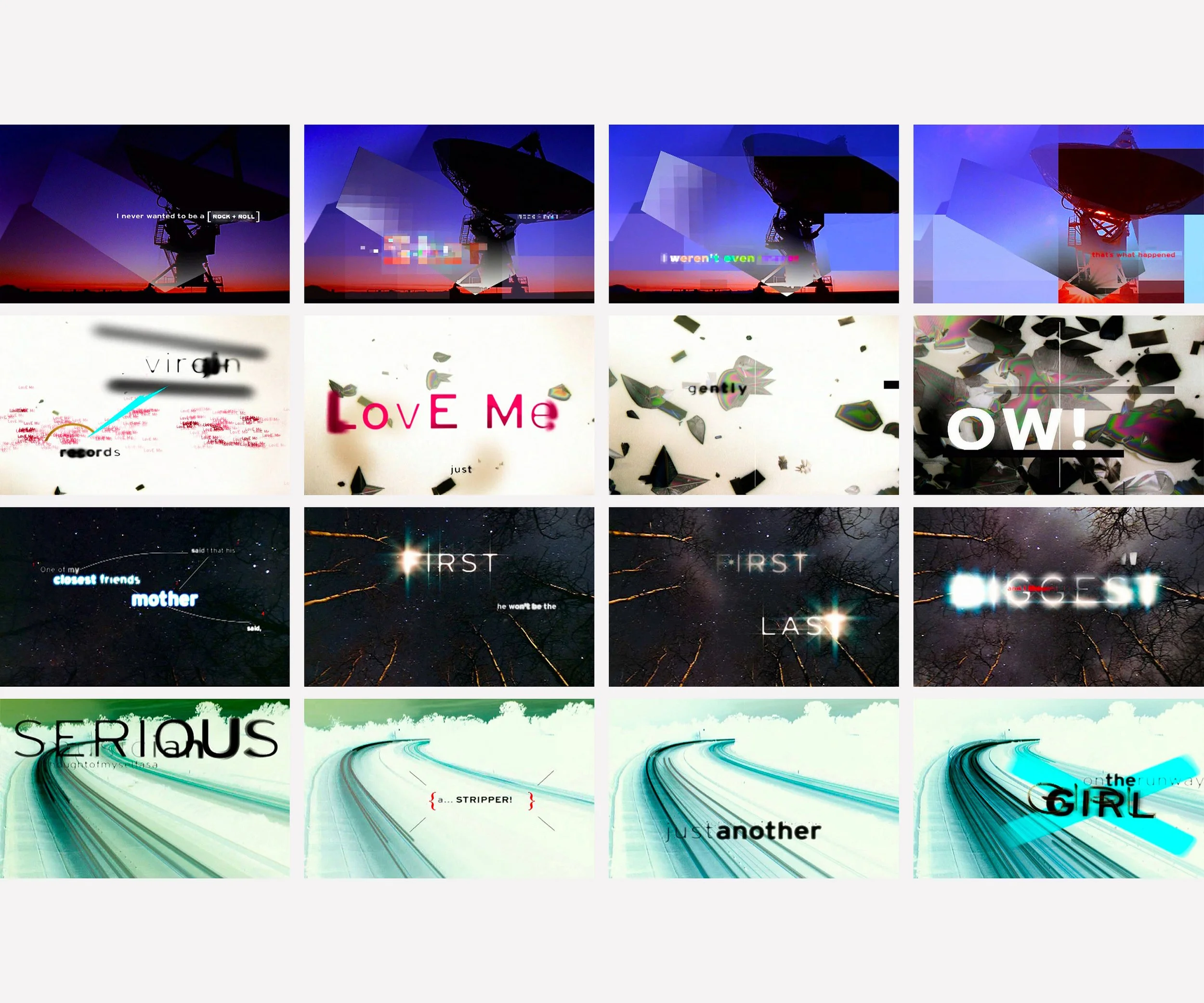  VIRGIN RECORDS SPECIAL PROJECTS  Design and direction of typographical film idents. Active subtitles for David Bowie, Joseph Arther, George Michael, Mick Jagger, Janet Jackson and The Smashing Pumpkins.  Made with Virgin Records, Special Projects. 