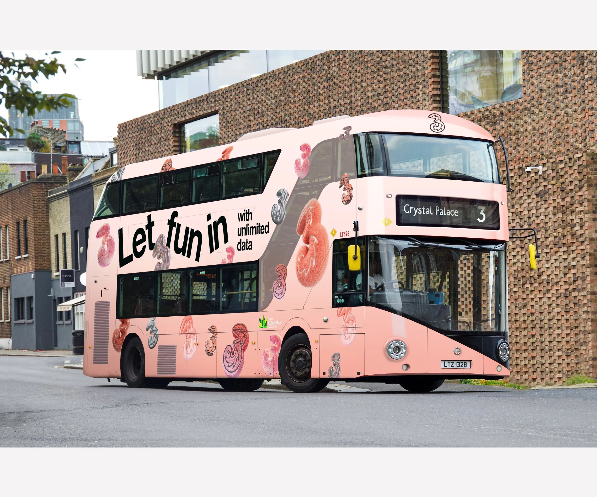 THREE MOBILE  LET FUN IN  Design of various brand assets. Including Routemaster Bus wrap, Oxford Street Tube Station wrap, out-of-home advertising and social media assets.  Made with Wonderhood. 