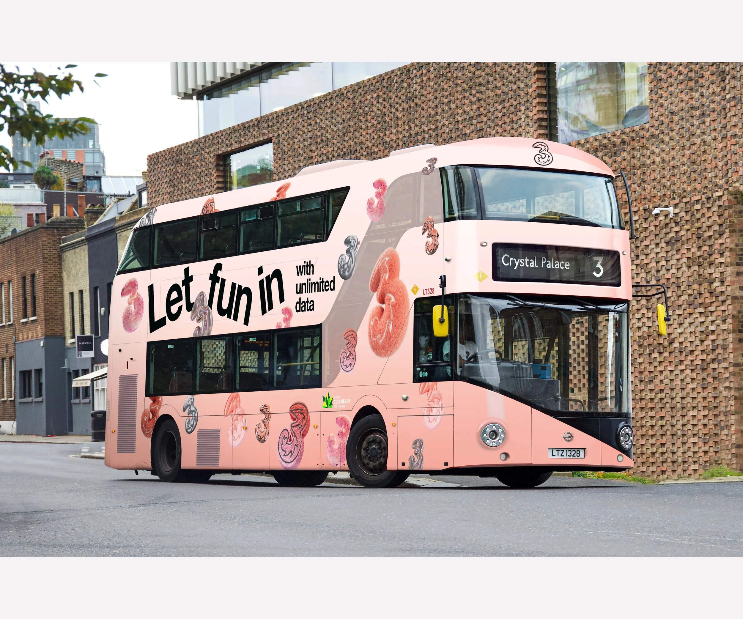 THREE MOBILE  LET FUN IN  Design of various brand assets. Including Routemaster Bus wrap, Oxford Circus Tube Station wrap, out-of-home advertising and social media assets.  Made with Wonderhood. 