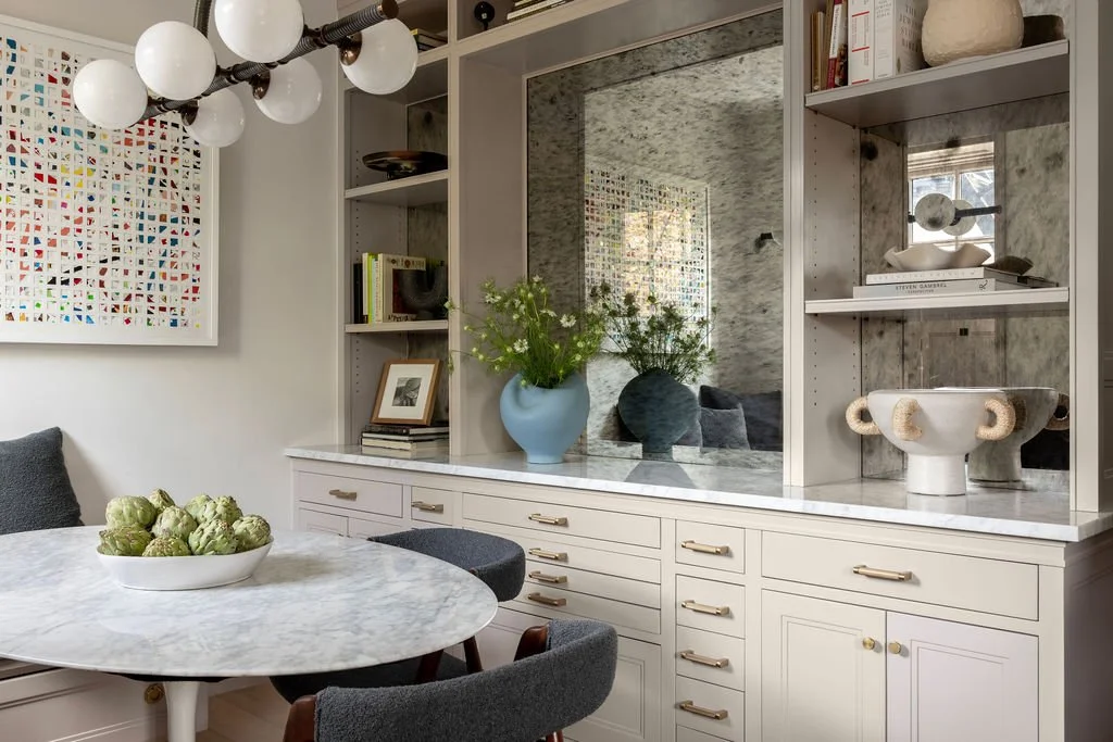 Dining area china cabinet and pendant lights