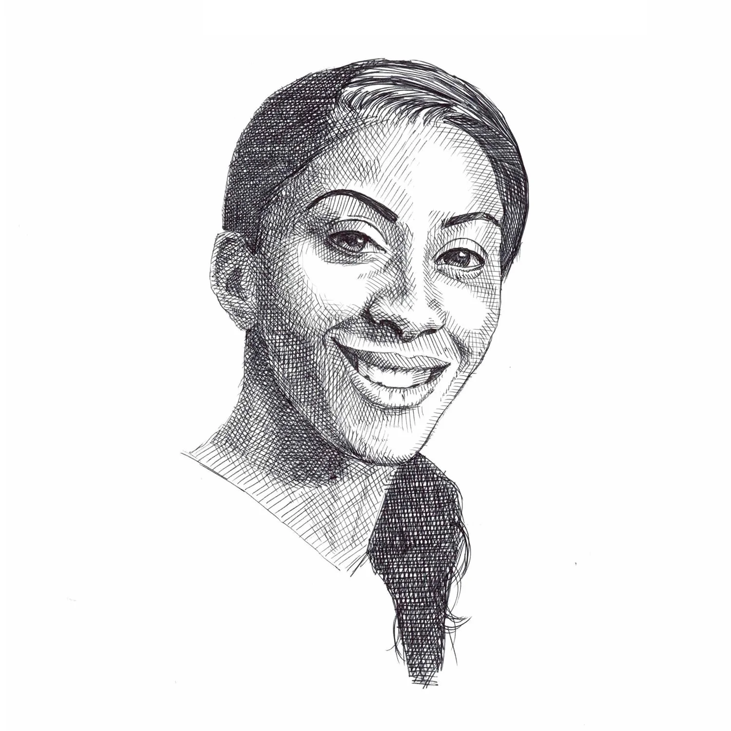 Line art drawing of a smiling woman with short hair, wearing a suit with a tie.