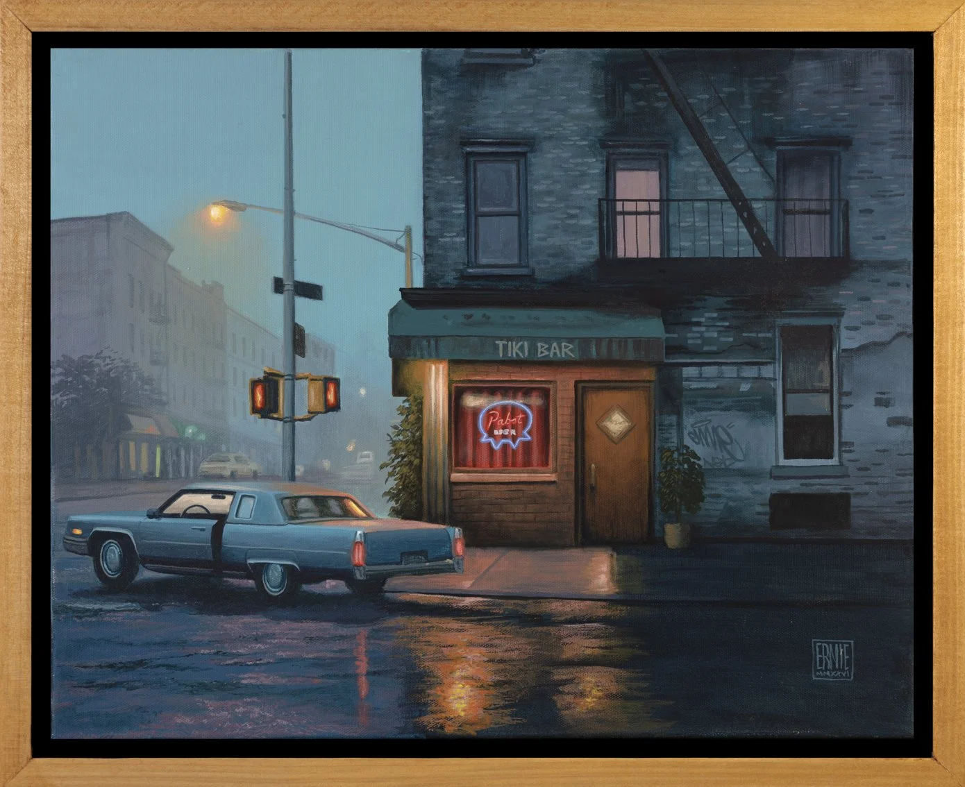 A painting of a rainy city street scene at dusk featuring a corner building with a neon sign for a tiki bar, an older car parked on the wet pavement, and traffic signals with red lights, with foggy background buildings and streetlights.