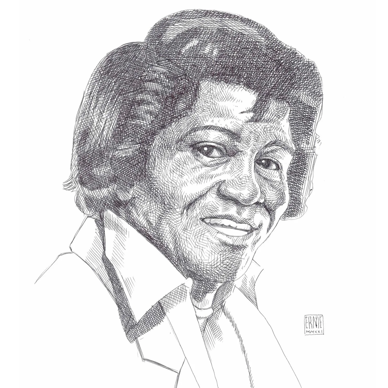 Black and white sketch of a woman with short, wavy hair, wearing a collared shirt.