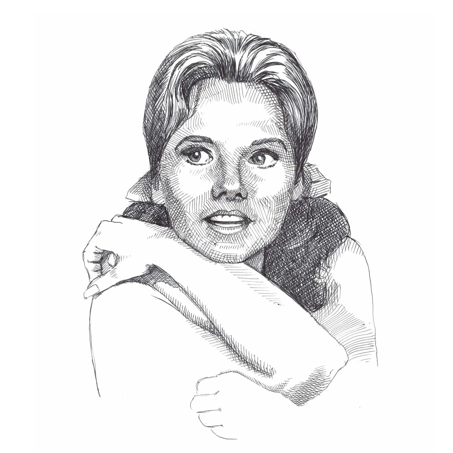 A black and white sketch of a woman with short hair, resting her chin on her crossed arms, with a focused expression.