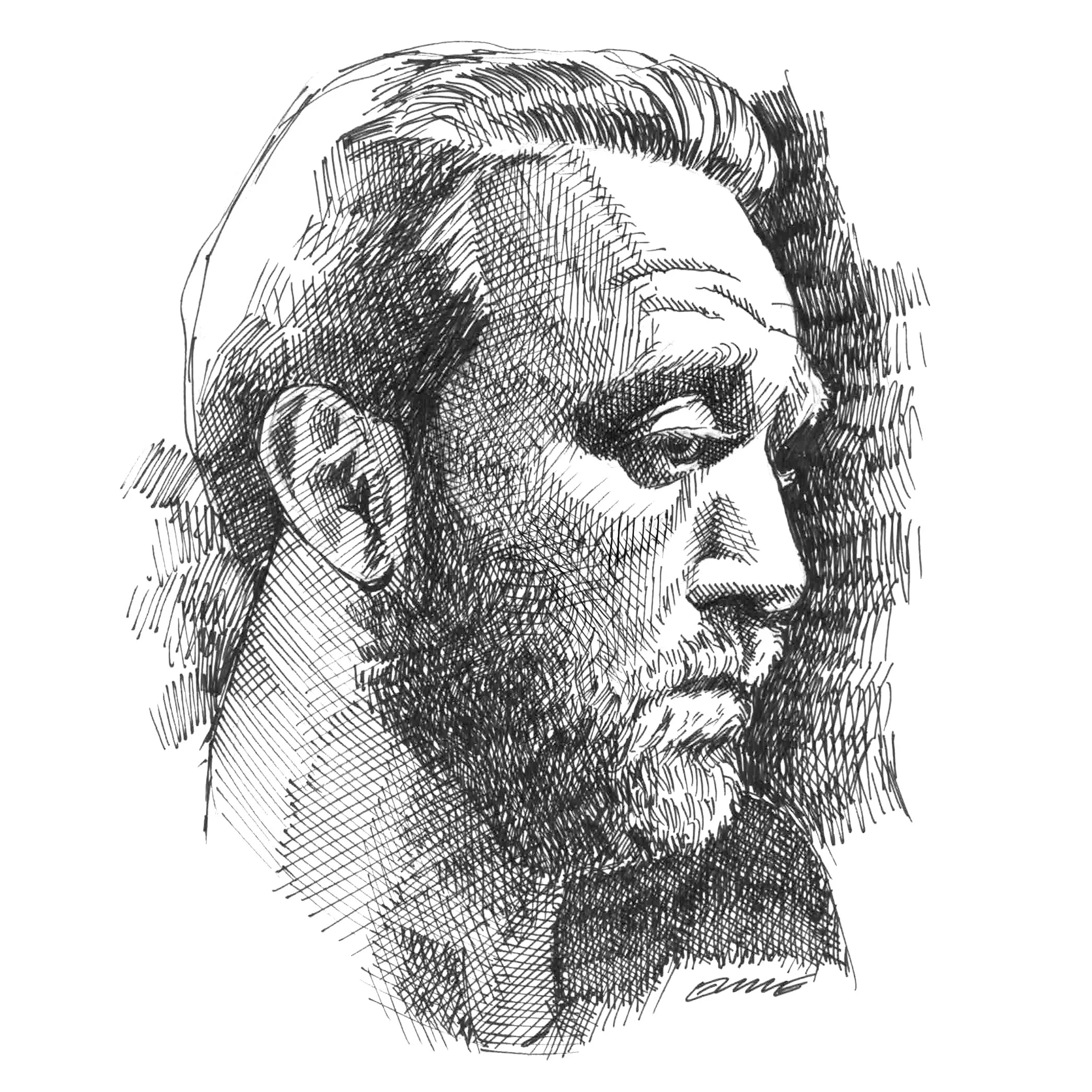 Black and white sketch of a man's side profile with a beard, styled hair, and a serious expression.