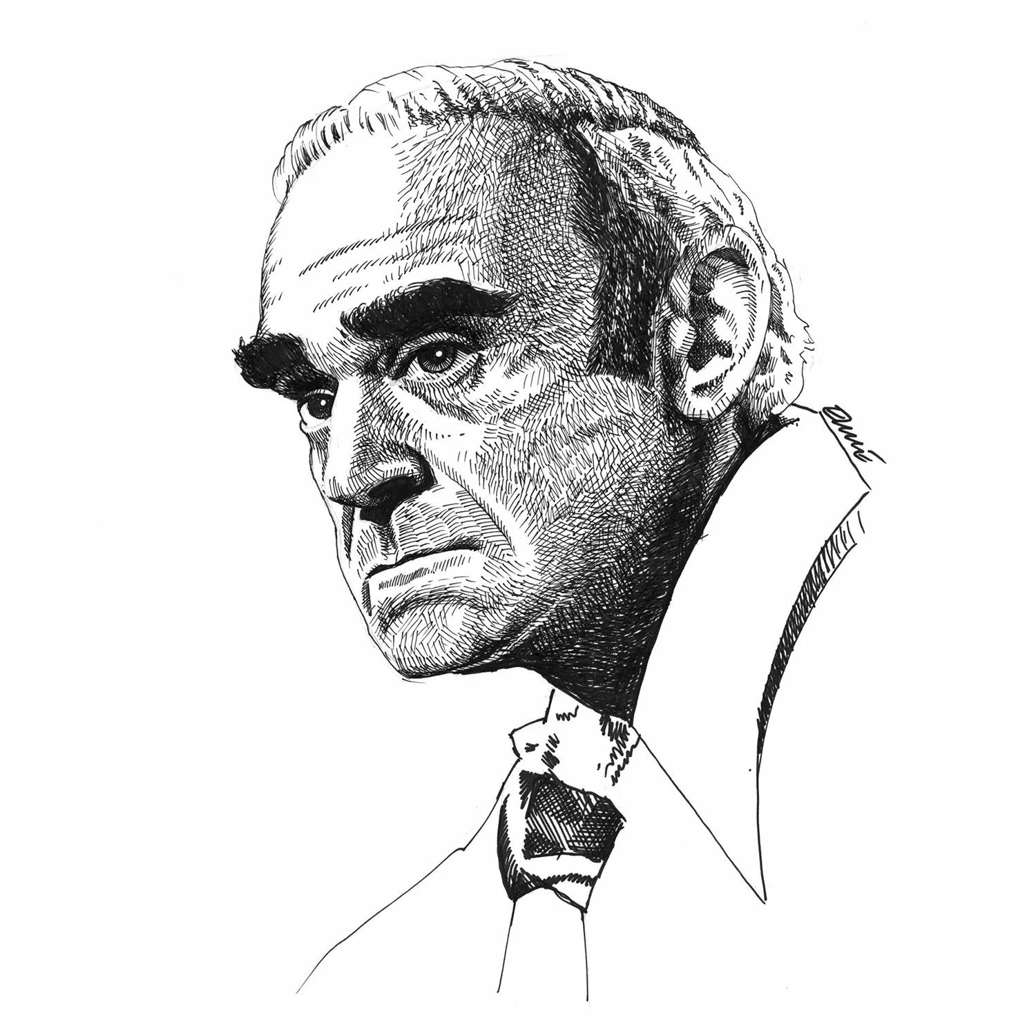Line drawing of a serious man with furrowed brows, gray hair, and dressed in a suit and tie.