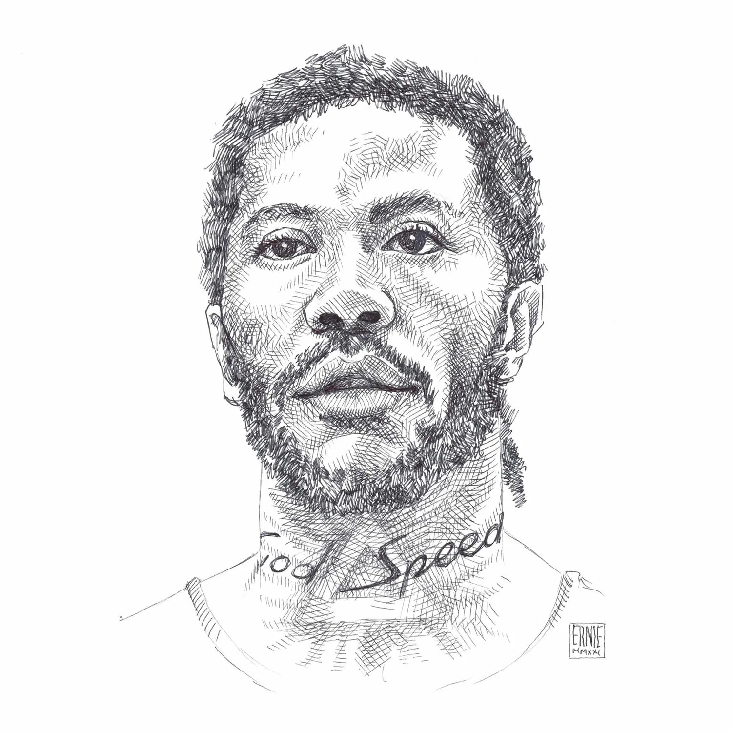 Black and white sketch of a woman with short curly hair, a beard, and a necklace with the word 'Speed' on it.