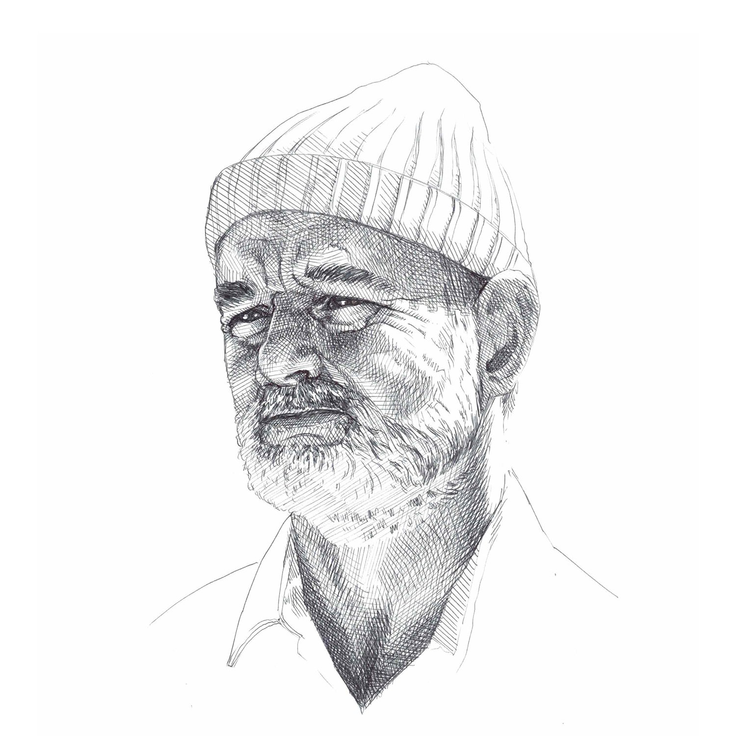 Black and white sketch of an elderly man with a beard wearing a beanie hat.