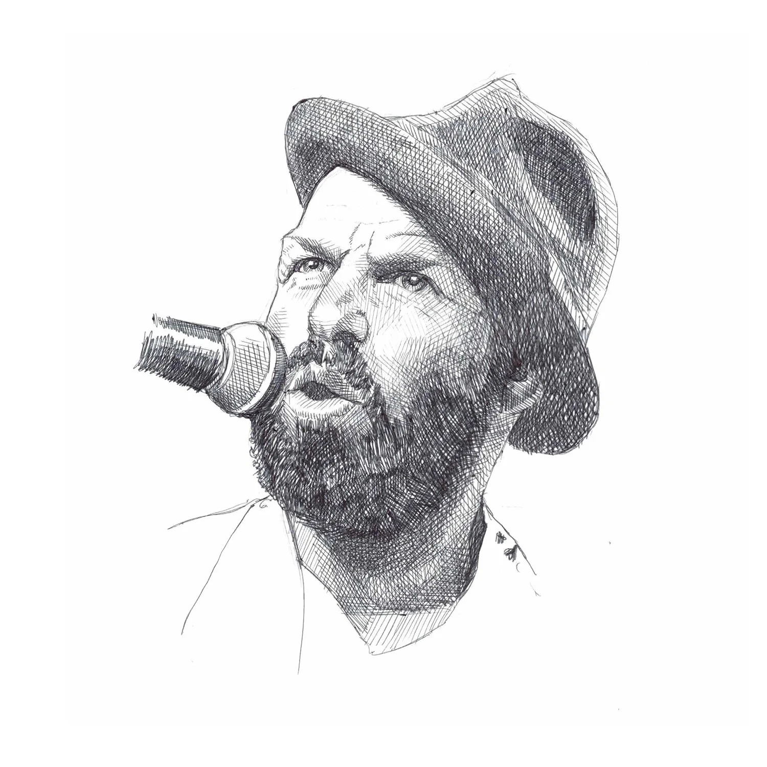 Sketch of a bearded man wearing a hat, singing into a microphone.