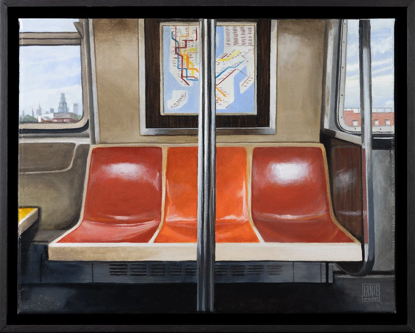 Painting of an empty subway train with red seats, windows showing cityscape, and a subway map on the wall.