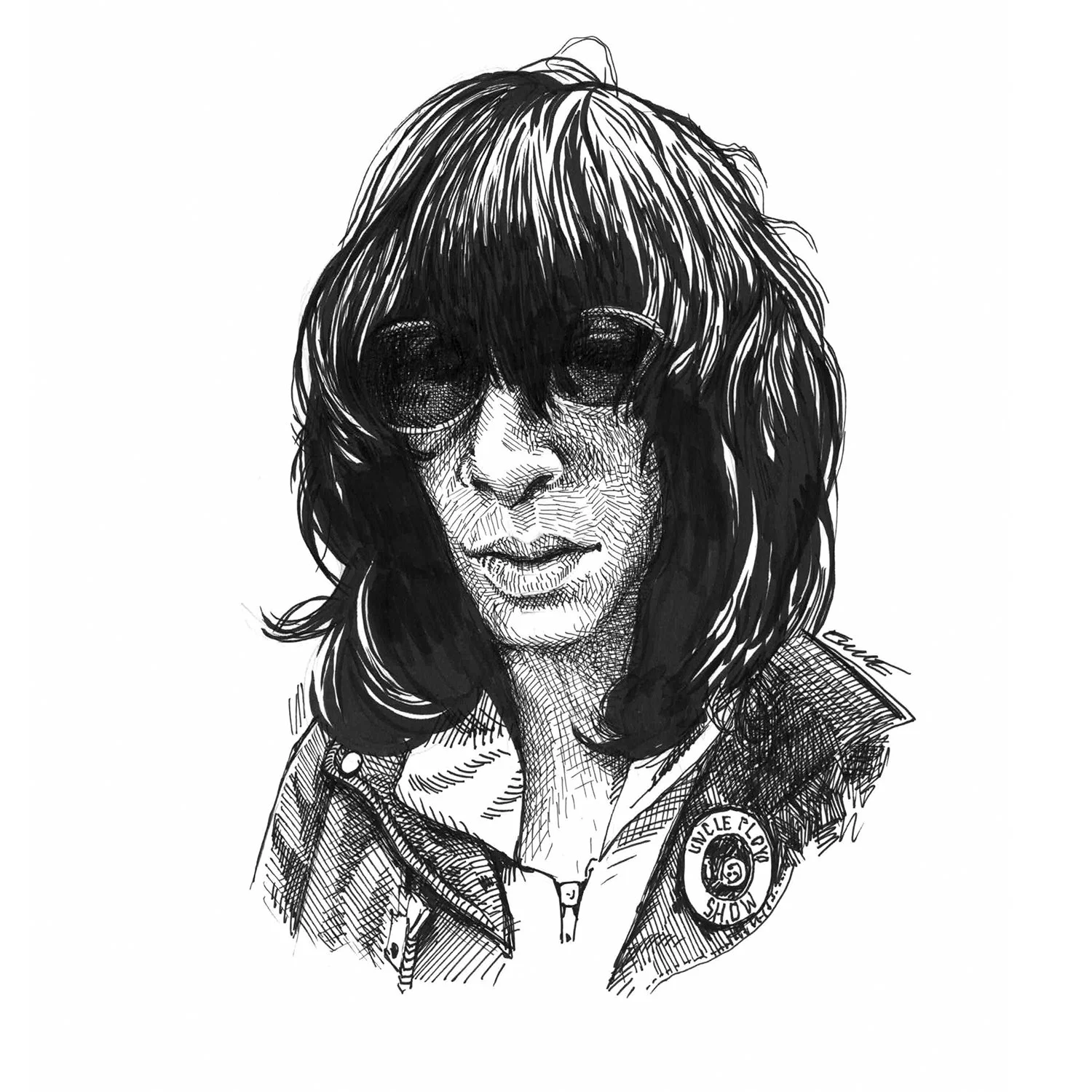 Line drawing of a person with long, messy hair and sunglasses, wearing a jacket with a patch that reads 'Uncle Poo Show'.