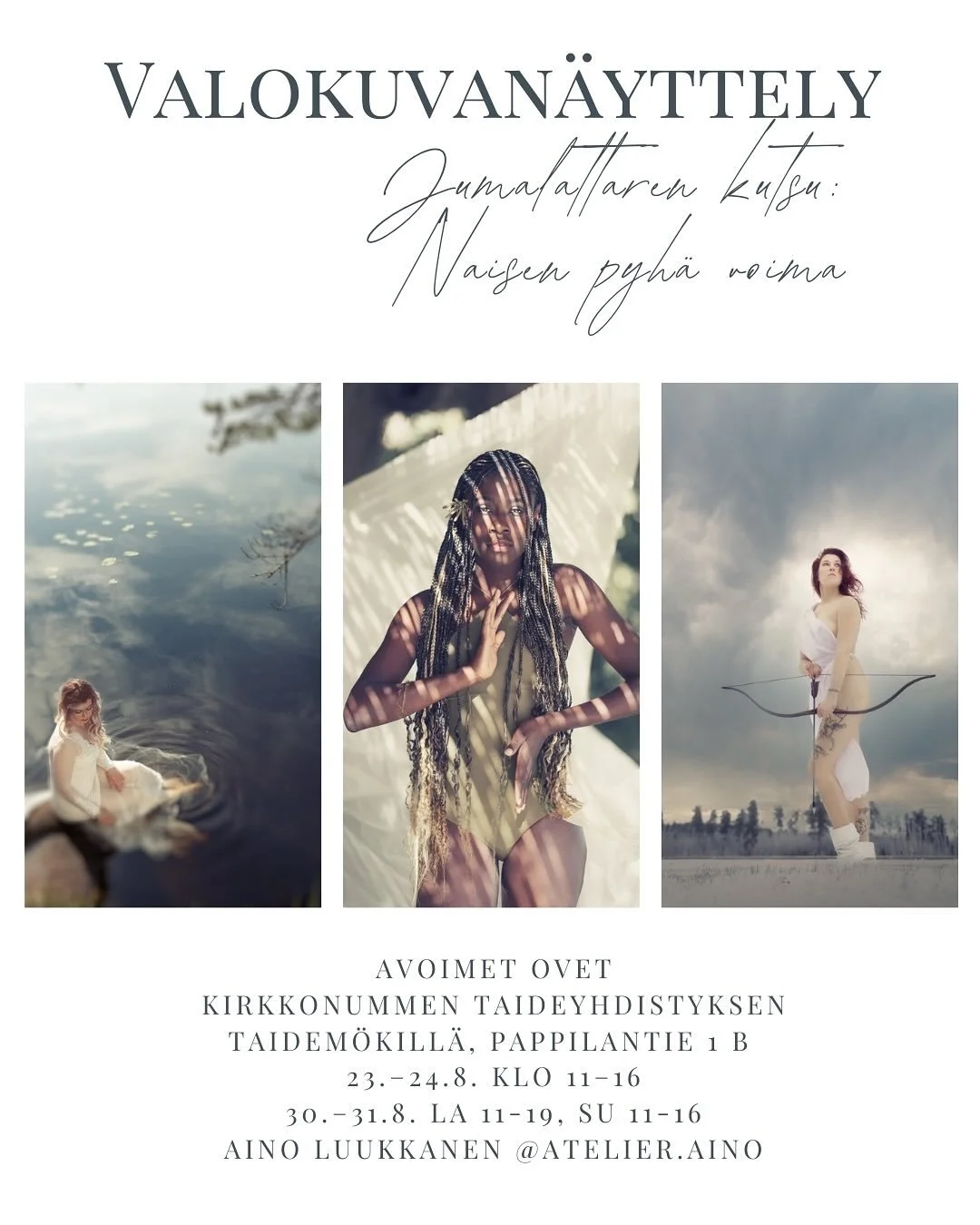 Tervetuloa lahjakkaan Andi Baloghin @archespheres ja minun yhteiseen valokuvan&auml;yttelyyn Kirkkonummen Taidem&ouml;kill&auml; 23.&ndash;24.8. ja 30.&ndash;31.8.

📸 Taidem&ouml;kin pihaan (sateella sis&auml;tiloihin) nousee Pop up -valokuvauspiste