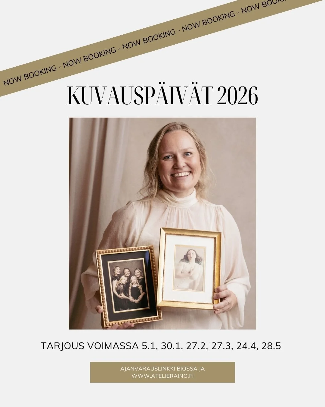 ✨ Atelier Ainon kuvausp&auml;iv&auml;t 2026 ✨
Kuvausp&auml;iv&auml;t ilman kuvausmaksua jatkuvat my&ouml;s ensi vuonna. Atelier Ainon kuvausp&auml;ivin&auml; maksat vain tilaamistasi kuvista - ja s&auml;&auml;st&auml;t 200&euro;. Kuvausp&auml;iv&auml