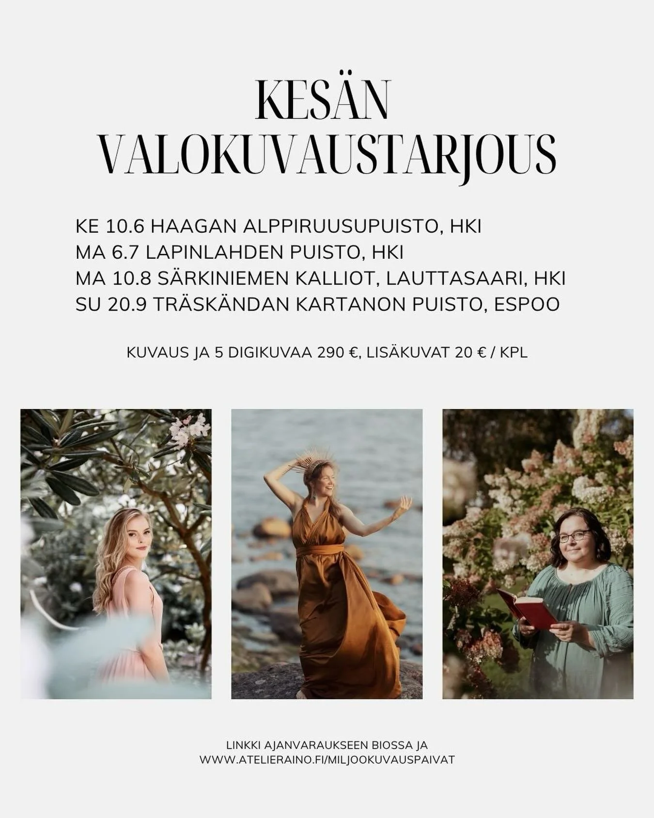 Kes&auml;n valokuvaustarjous 2026 📸🌸

Kaipaatko kauniita uusia persoonallisia henkil&ouml;kuvia? Olipa kyseess&auml; henkil&ouml;br&auml;ndikuvaus, voimauttava valokuvaus, valmistuajaiskuvaus tai l&auml;mminhenkinen perhekuvaus n&auml;m&auml; p&aum
