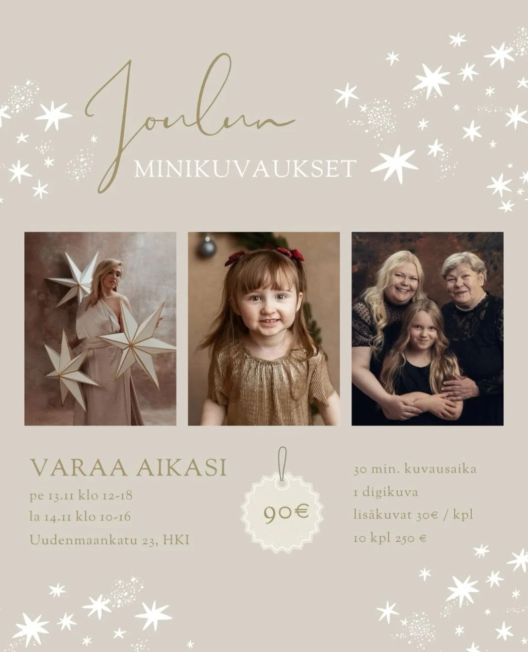 L&auml;mpim&auml;sti tervetuloa joulun minikuvauksiin Helsingin keskustassa pe 13.11- la 14.11. Olisi niin kiva n&auml;hd&auml; uusia ja vanhoja tuttuja 🤍

Jokaisen perheen, suvun, rakkaiden ja yst&auml;vien v&auml;lill&auml; on erityisi&auml; sitei