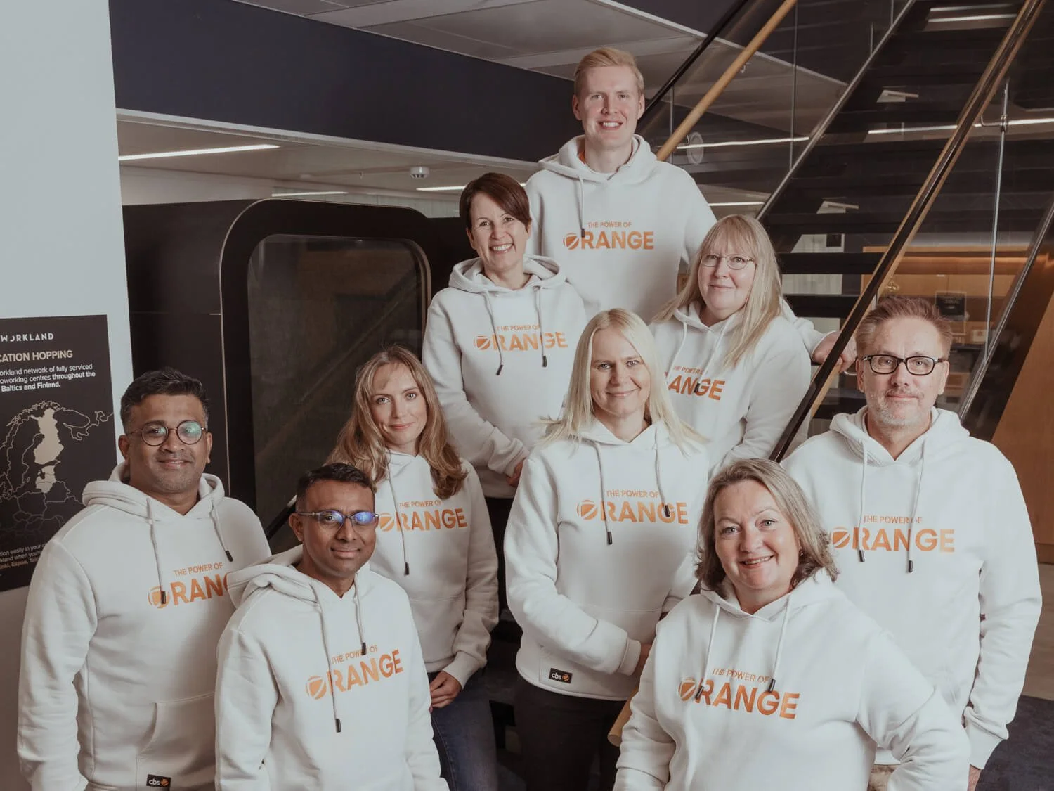 Tiimin ryhmäkuva portaikossa