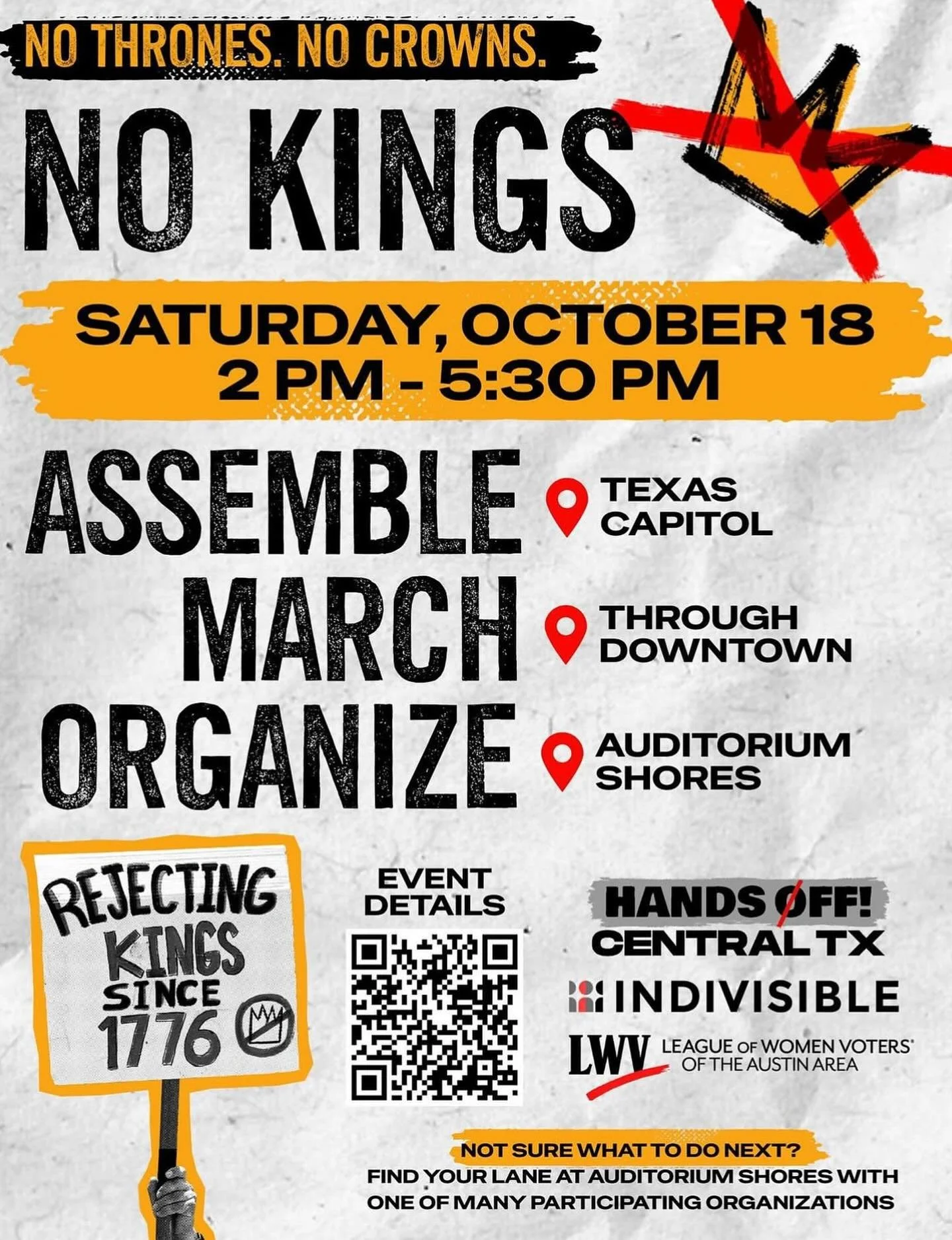 ❌👑 Hands Off Central Texas is BACK with a National Day of Action Rally &amp; March NEXT SATURDAY October 18th.

We will be there because KINGS (or wanna-be tyrant dictators) have NO PLACE IN AMERICA! Join us in the fight! 💪

RSVP HERE: https://www.