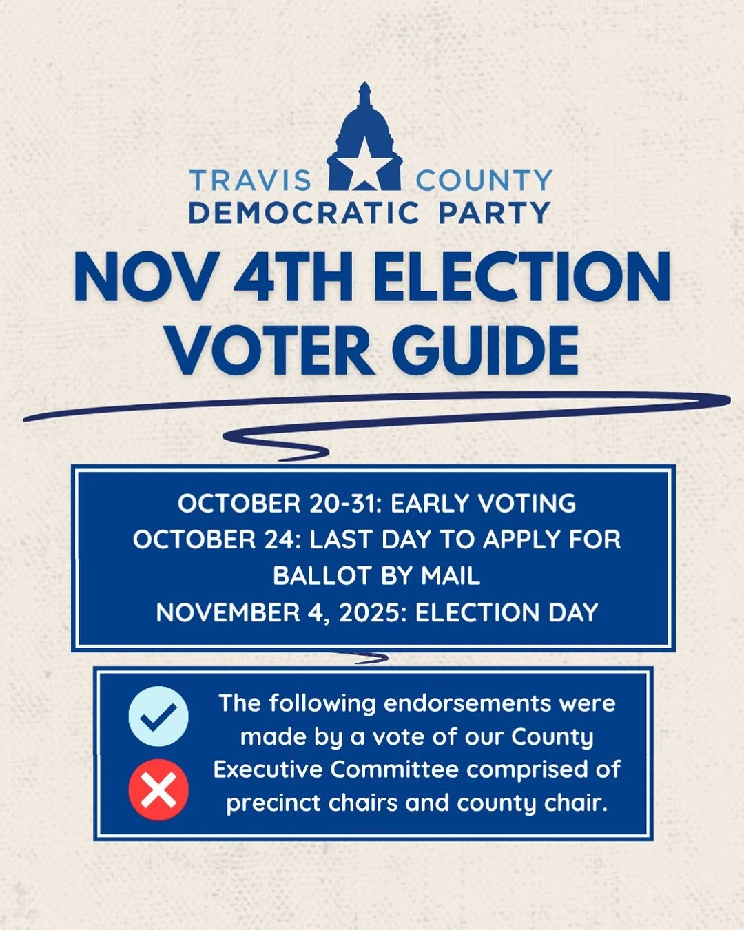 The November Election has 17 constitutional amendments on the ballot statewide. Our County Executive Committee has endorsed the following amendments for a &lsquo;Yes&rsquo; vote or a &lsquo;No&rsquo; vote on November 4th. 

Please use this Travis Cou
