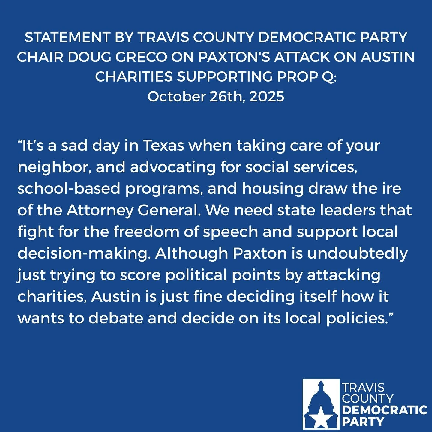 Statement by Travis County Democratic Party Chair Doug Greco on Paxton’s Attack on Austin Charities Supporting Prop Q