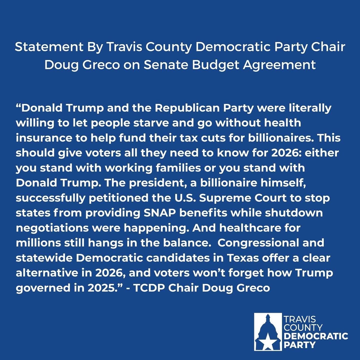 Travis County Democratic Party Chair Doug Greco Statement on Senate Budget Agreement
