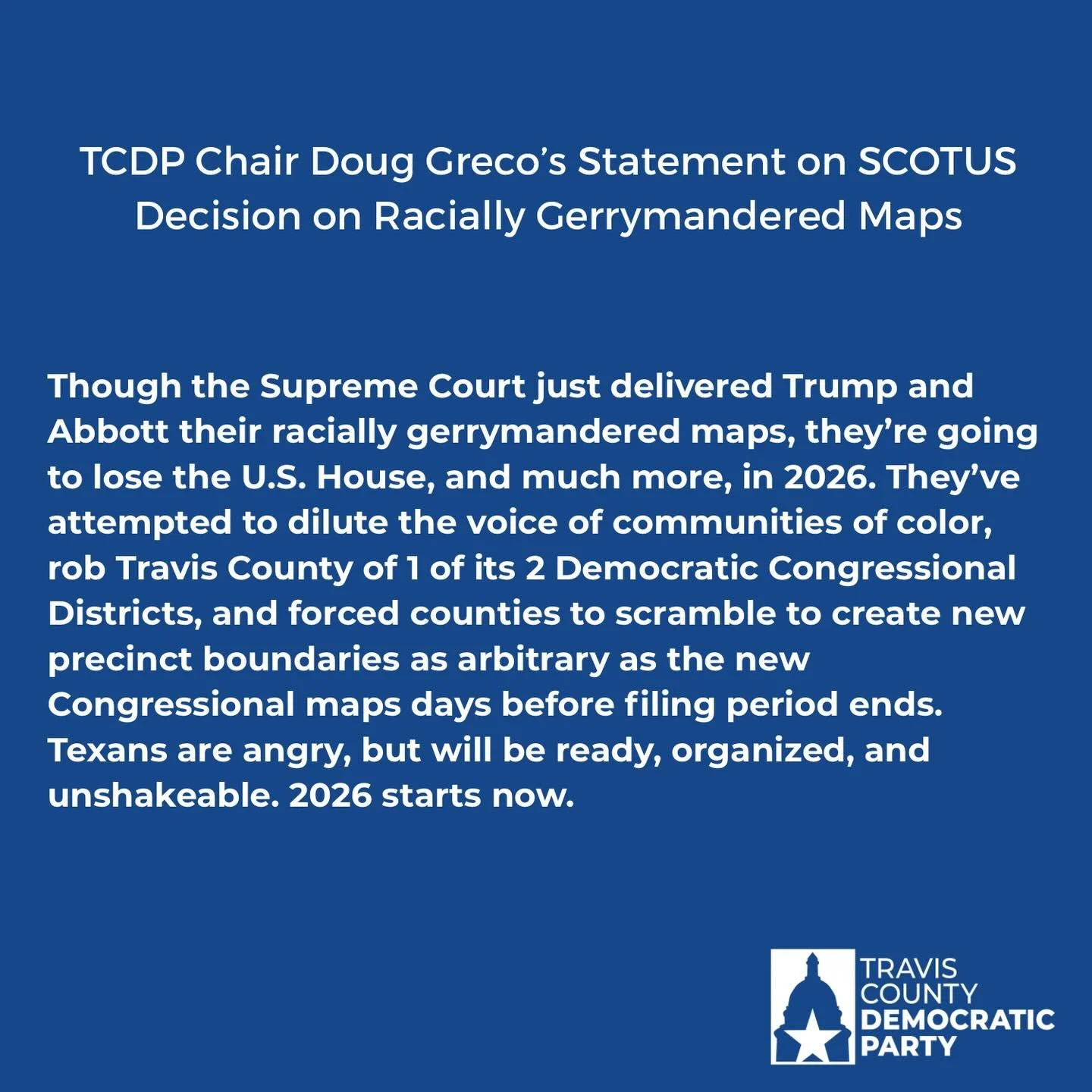 TCDP Chair Doug Greco&rsquo;s Statement on SCOTUS Decision on Racially Gerrymandered Maps