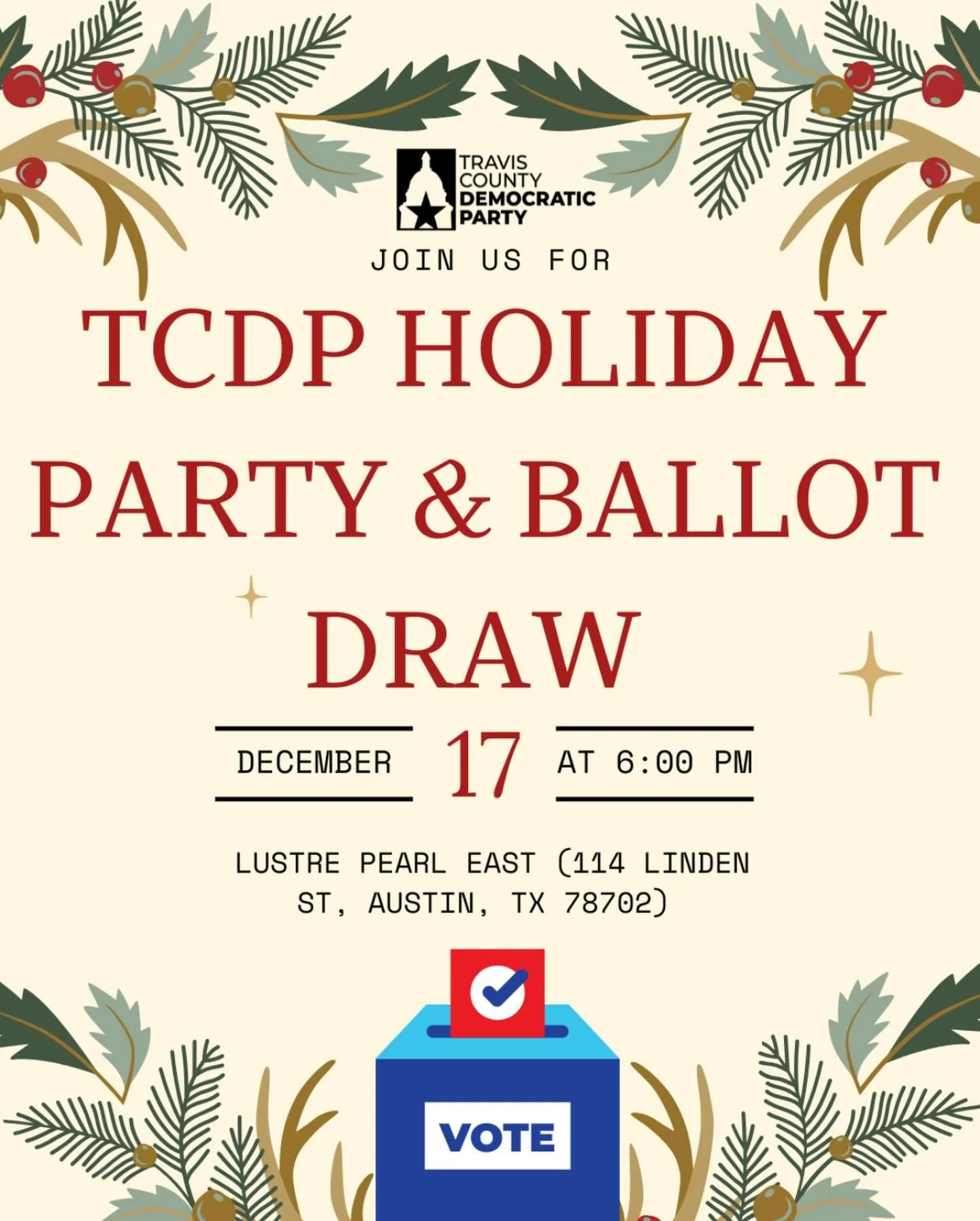 Join us as we officially draw ballot positions for the 2026 Democratic Primary and get the party going with some holiday cheer! 

Whether you&rsquo;re a candidate, volunteer, Precinct Chair, or proud Democrat, this is a great chance to celebrate our 