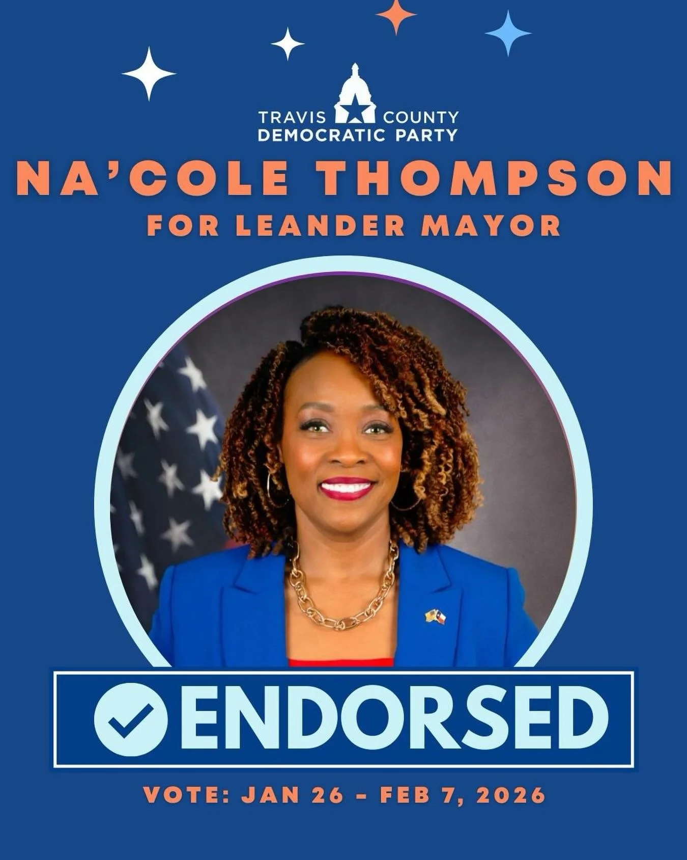 NEW YEAR, NEW ENDORSEMENT: We have endorsed Councilwoman Na&rsquo;Cole Thompson for Mayor in Leander&rsquo;s upcoming Special Election! 

Since joining City Council in 2021, Na&rsquo;Cole has delivered results you see every day. Strong water planning