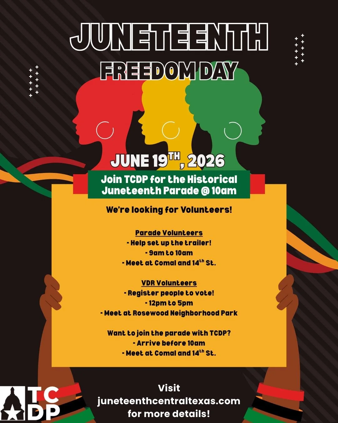 Juneteenth is coming up, and TCDP is inviting y'all to join us in the parade! Just meet us at Comal and 14th St. before 10 AM. 

We're also looking for volunteers! We need a few folks to help set up the trailer at 9 AM. If you're a VDR, we're asking 
