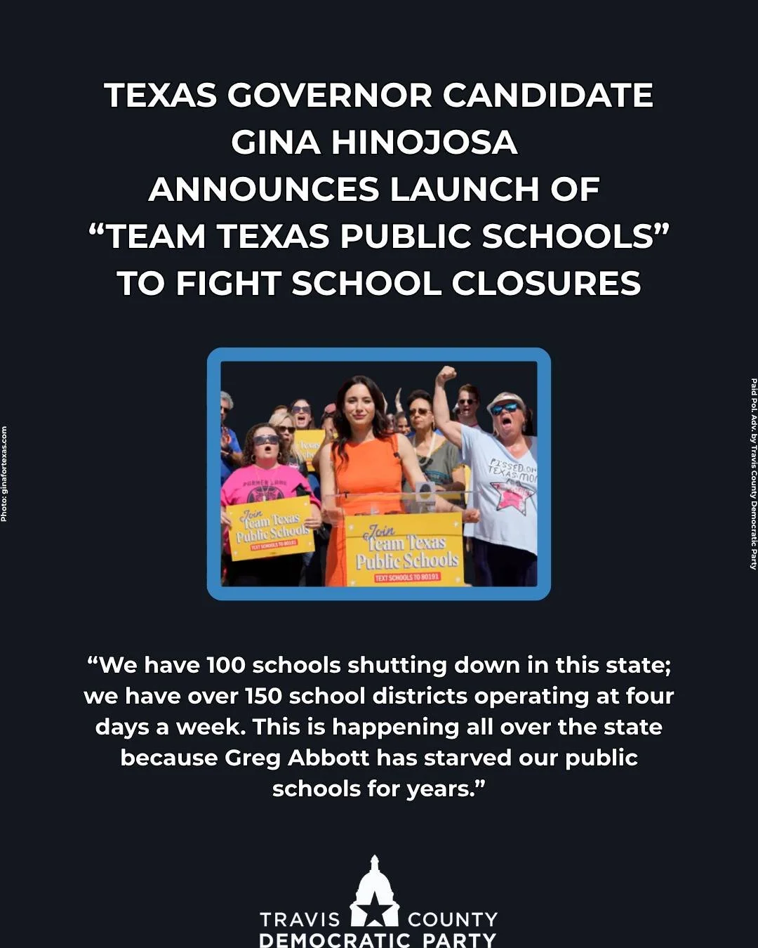 Abbott broke our schools and withheld funds meant for our children. @ginafortexas is committed to fixing the school system for all Texans.

Consider a donation to her campaign!