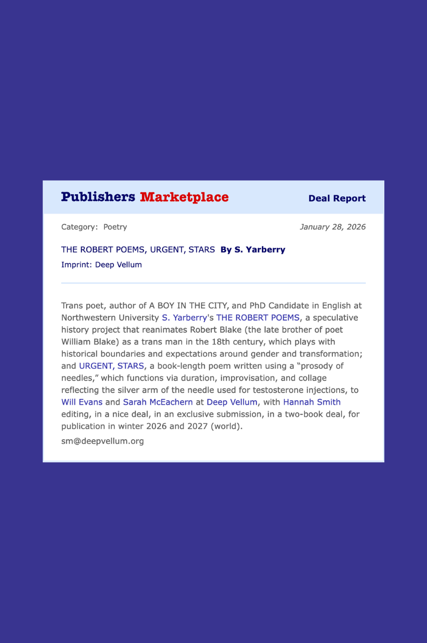 Deal Announcement: Deep Vellum To Publish Two Collections From Poet S. Yarberry