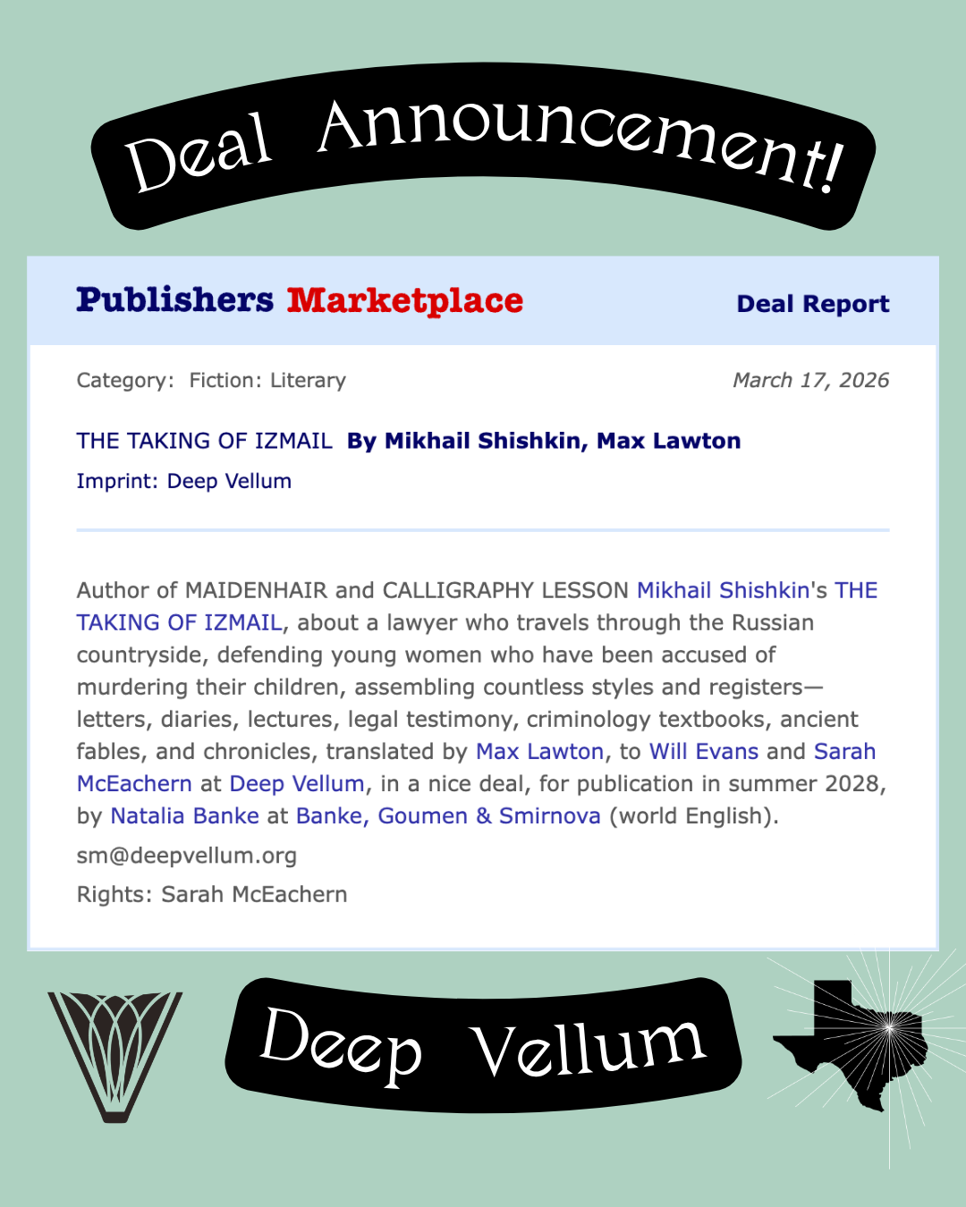 Deal Announcement: Deep Vellum to Publish Mikhail Shishkin's The Taking of Izmail in Summer 2028