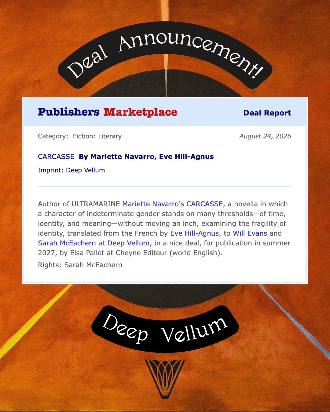 Deal Announcement: Deep Vellum to Publish CARCASSE by Mariette Navarro, translated by Eve Hill-Agnus in Summer 2027
