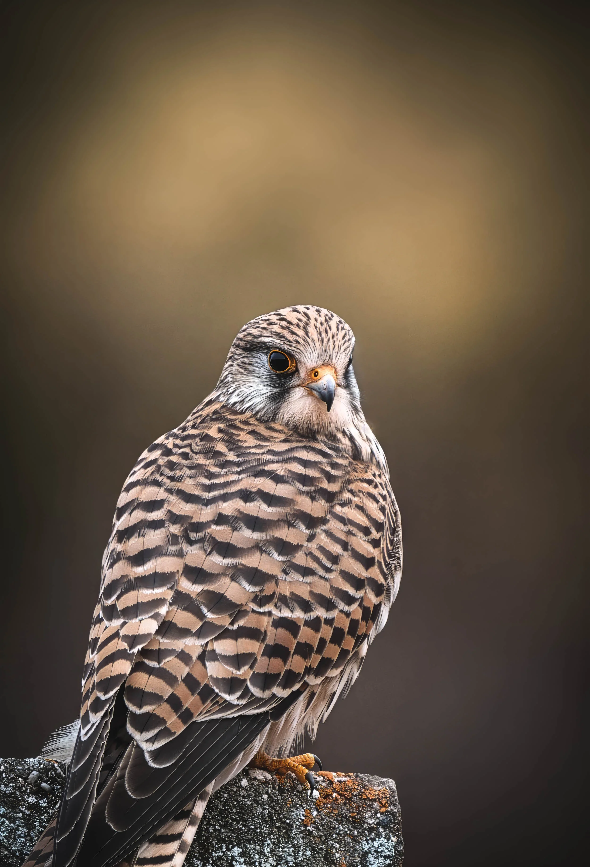 Ein Greifvogel sitzt auf einem Stein, mit braun-gemustertem Gefieder und dunklen Augen.