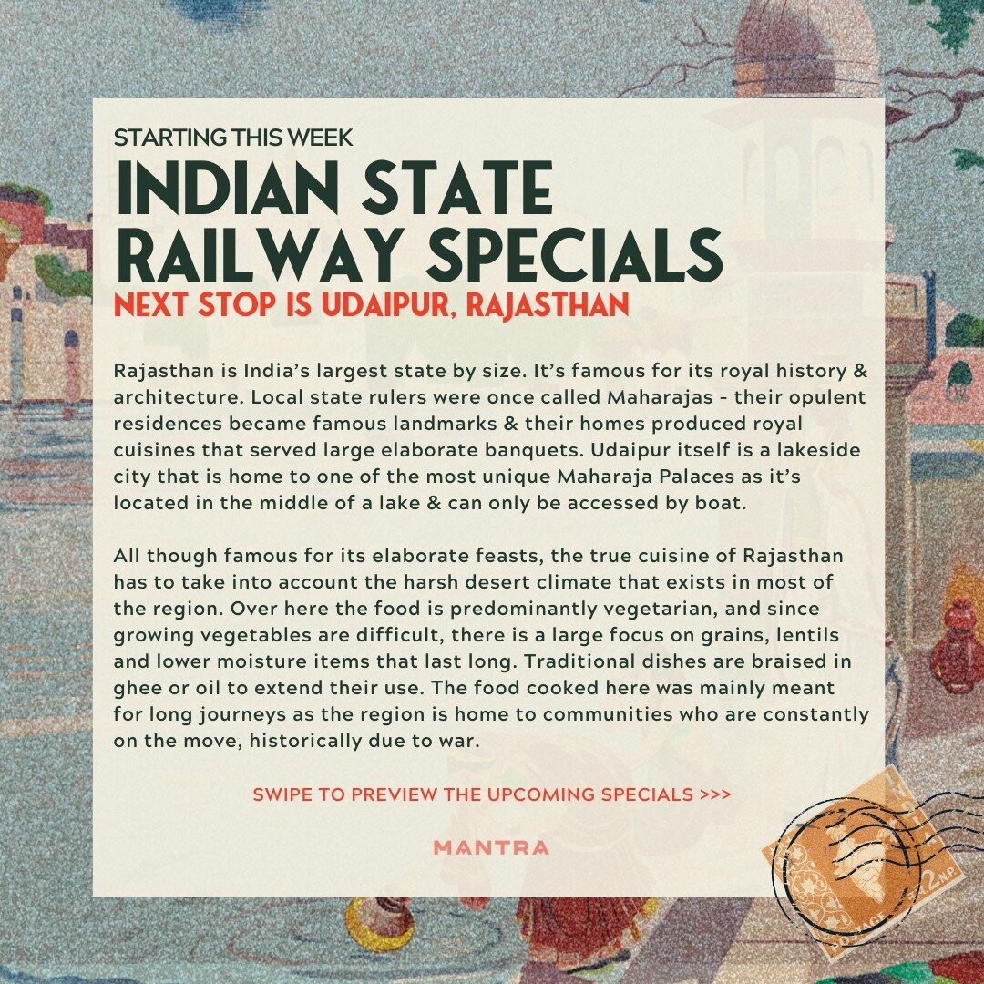Next Stop: Udaipur, Rajasthan! ⁠
⁠
Every few weeks, we will feature a new state from India and bring forth some of their famous delicacies with Chef Ashish's own twist! ⁠
⁠
This month's stop is Udaipur, Rajasthan, home of the Maharaj cuisine! Swipe t