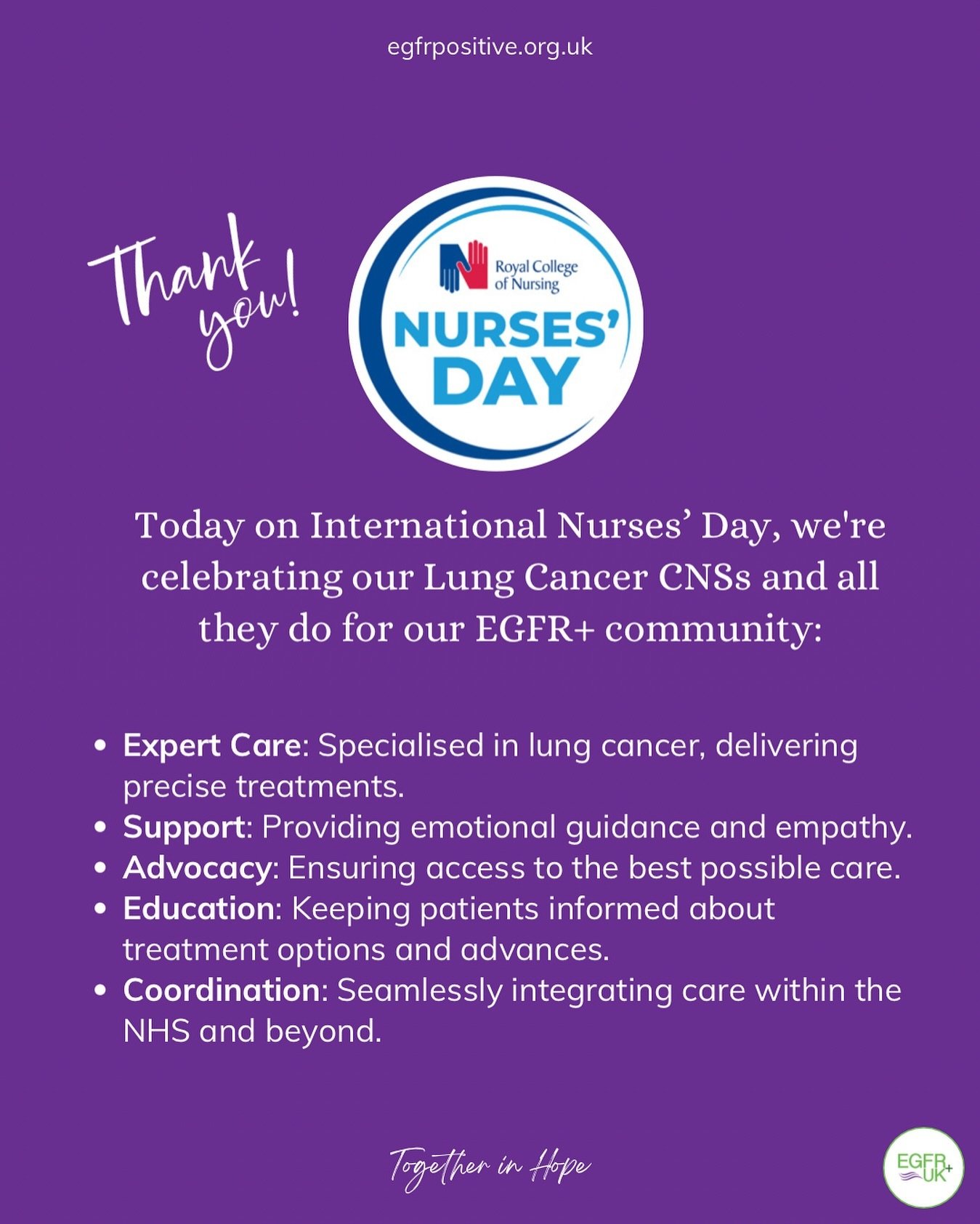 Today is International Nurses&rsquo; Day, and we want to give a special thanks to all the lung cancer CNSs who support our EGFR+ community. 

Your role is complex and demanding, encompassing many different responsibilities &ndash; you really are amaz